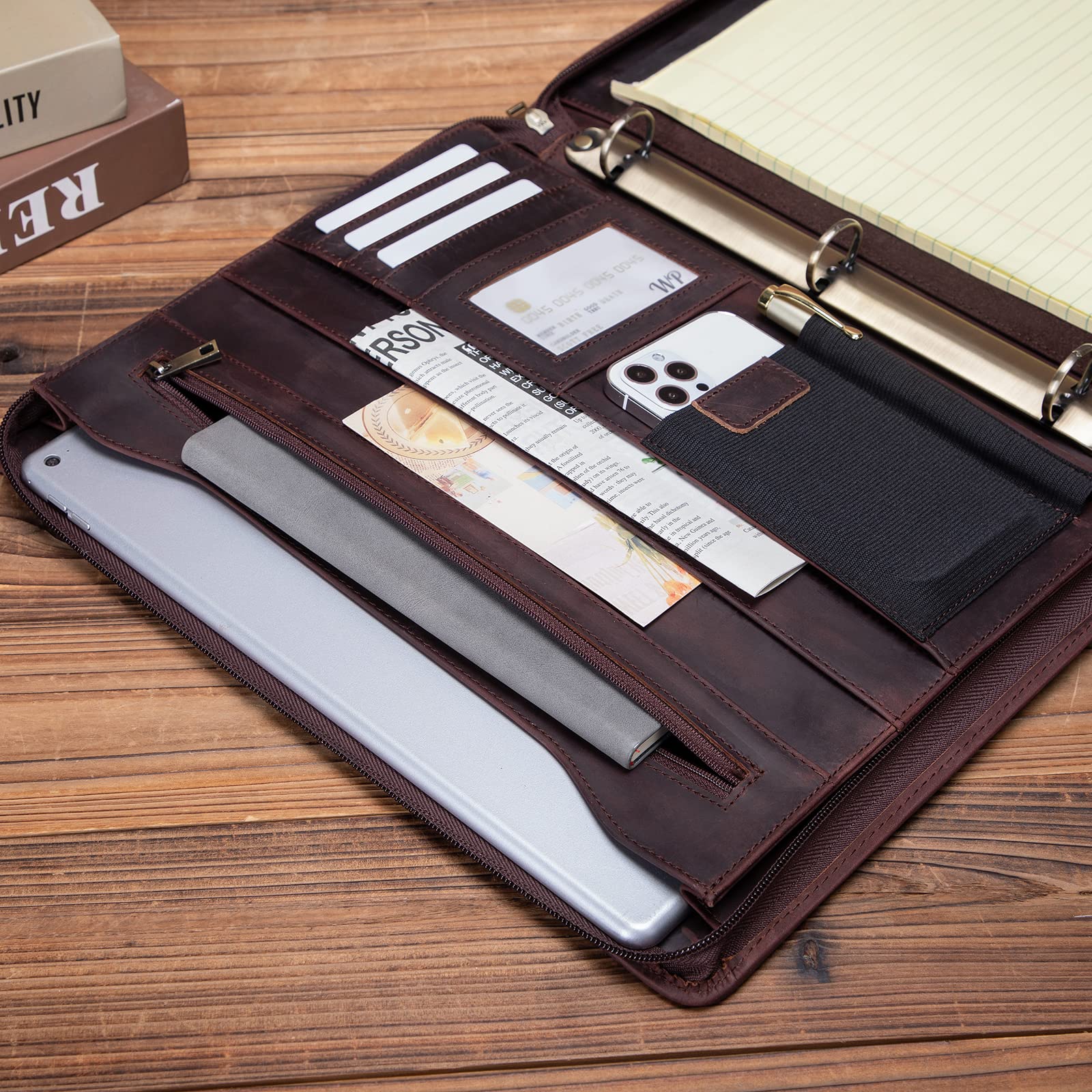 Premium Full Grain Leather Portfolio with 3-Ring Binder | Zippered A4 Notebook Holder & Laptop Sleeve | Professional Organizer for Business Meetings, Office Work & Corporate Gifts (Dark Brown) - Perfect for Executives, Students & Professionals