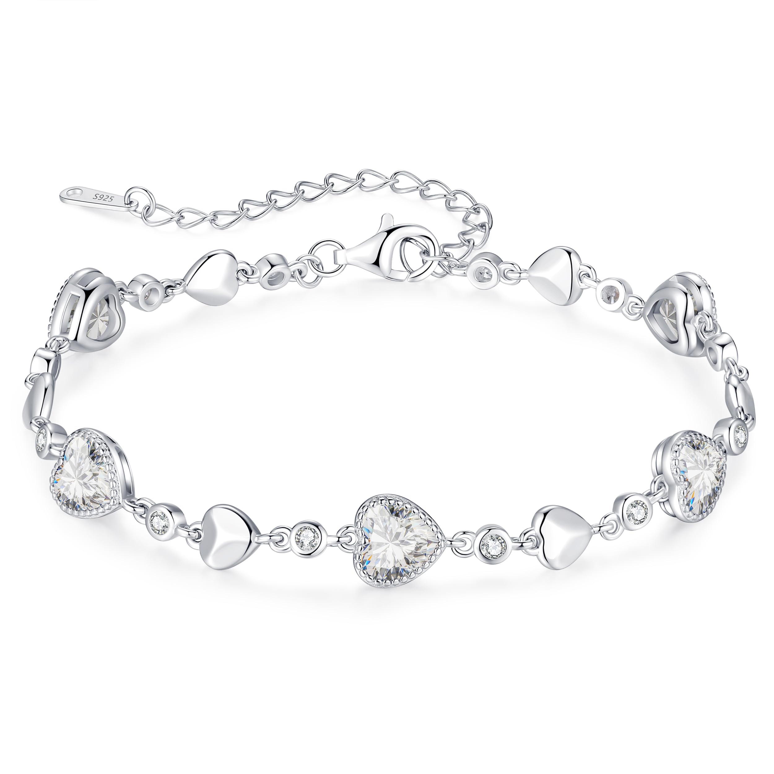 LOUISA SECRET 925 Sterling Silver Five Love Heart Birthstone Bracelet for Women - Elegant Charm Link Bracelet Gift for Wife, Mom, Girlfriend - Perfect for Birthday, Anniversary, Christmas & Everyday Wear