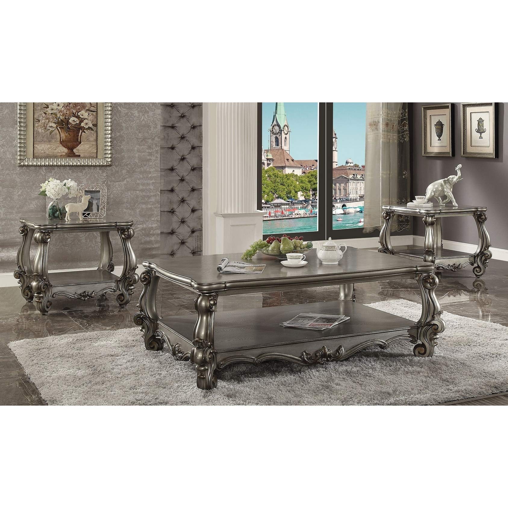 Vintage Antique Platinum Silver Coffee Table with Resin Shelf - Elegant Rectangle Design for Living Room, Lounge & Home Decor