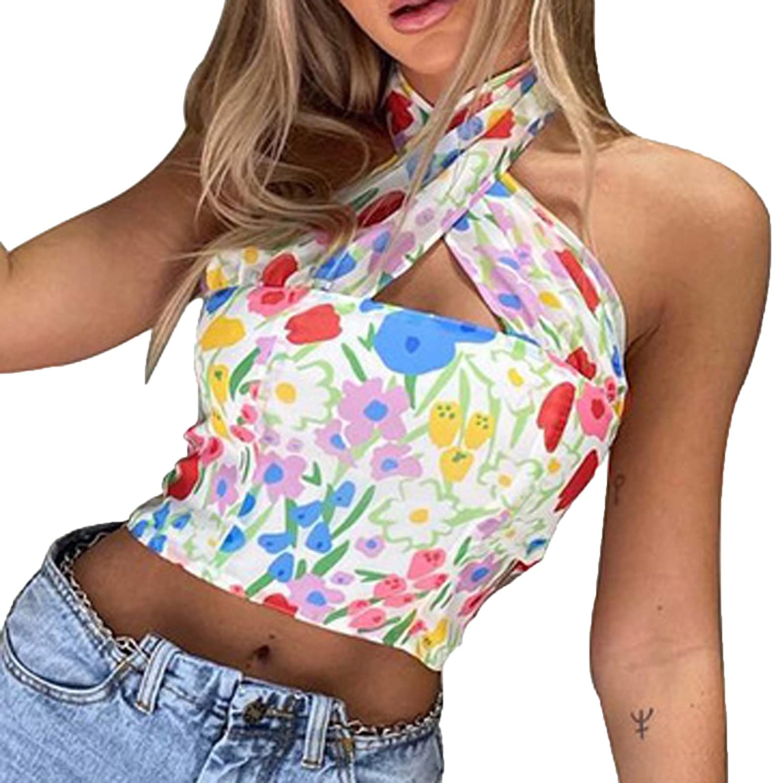Women's Floral Print Halter Strap Camisole Top - Elegant Black Summer Blouse for Casual Outings, Beach Wear & Night Out Dresses