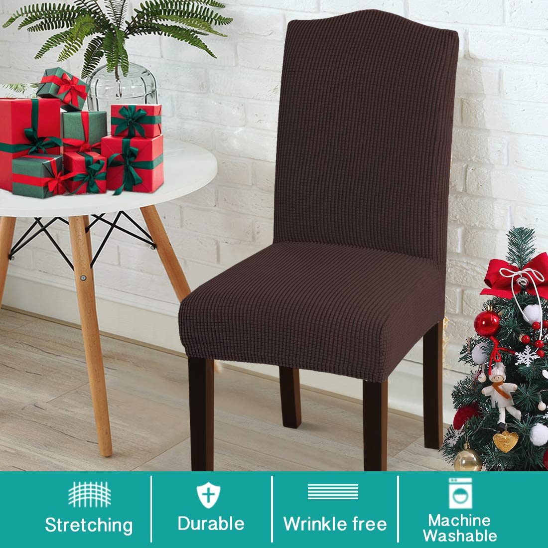 Stretch Jacquard Turquoise Dining Chair Covers Set of 4 - Washable Parson Kitchen Chair Slipcovers for Home, Restaurant & Banquet - Perfect for Everyday Use, Dinner Parties & Special Events (Brown)