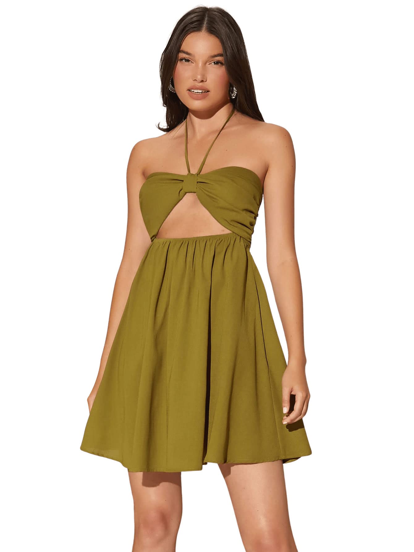 SweatyRocks Women's Sleeveless Halter Ruched Mini Dress - Sexy Tie Back Cut Out A-Line Summer Dress for Beach Party, Night Out & Date Night