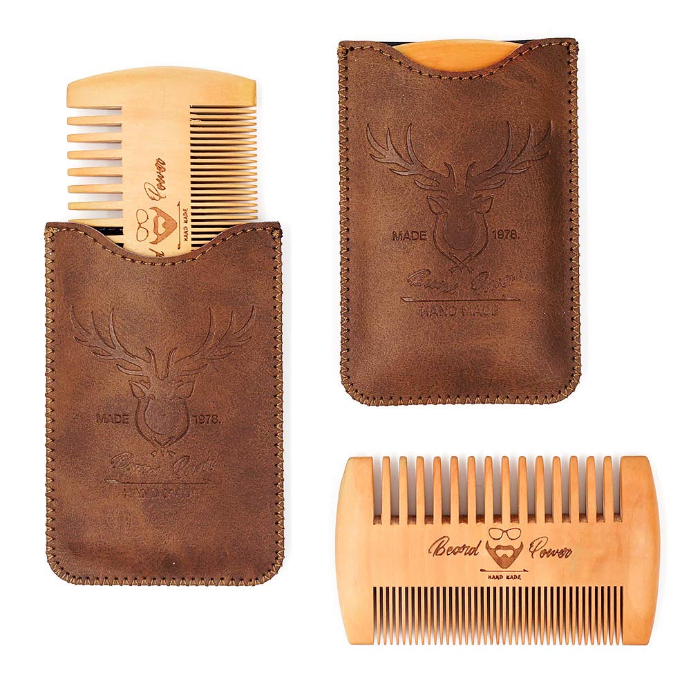 Premium Wooden Beard Comb Set - 3 Piece with Durable Travel Case for Men | Fine & Coarse Teeth for Mustache & Beard Grooming | Natural Brown Deer Design | Perfect for Daily Care & Travel Essentials