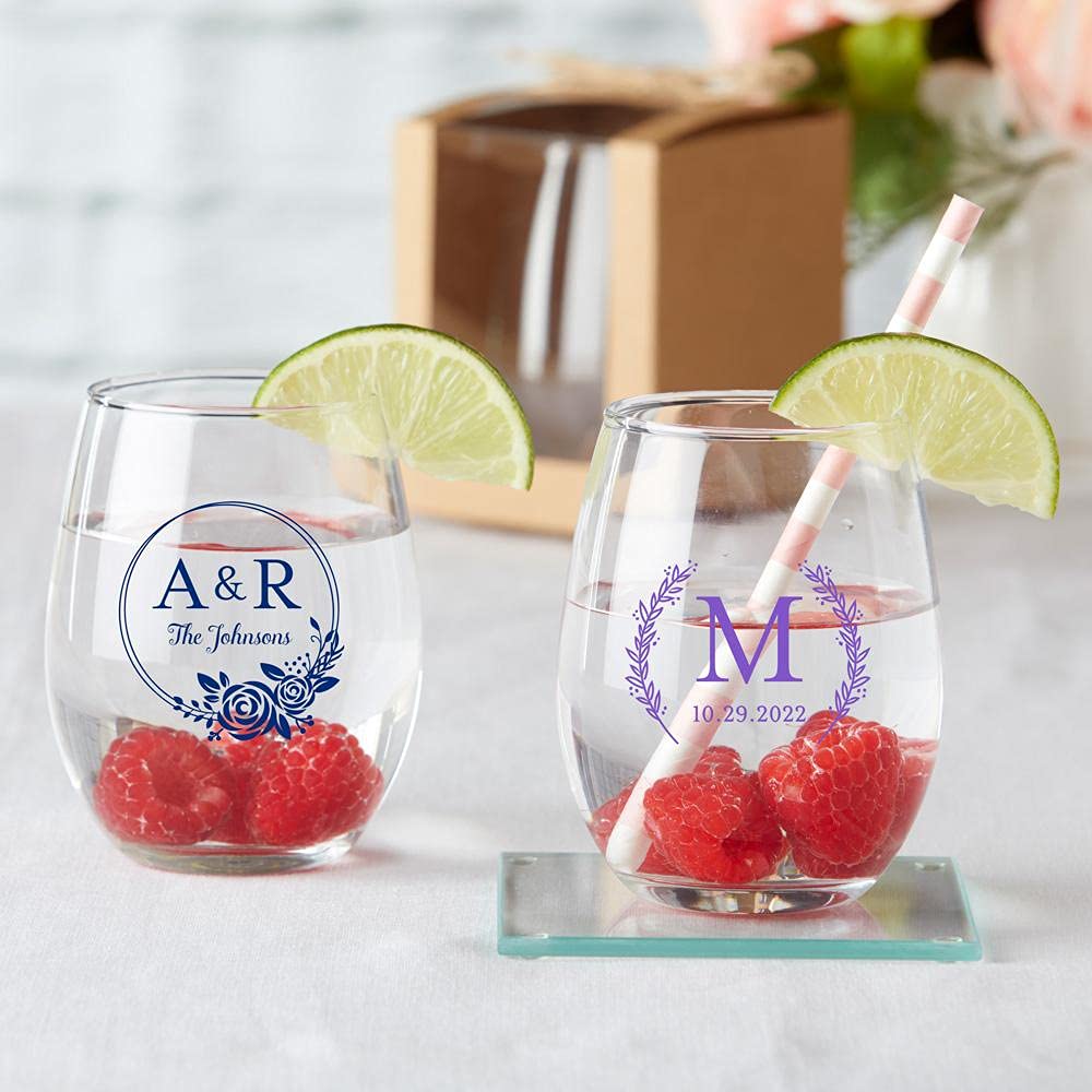 Personalized Monogram Stemless Wine Glass - 15 oz Custom Wedding Favors & Bridal Shower Party Gifts - Navy Blue (Set of 72) - Elegant Drinkware for Weddings, Anniversaries, and Special Celebrations