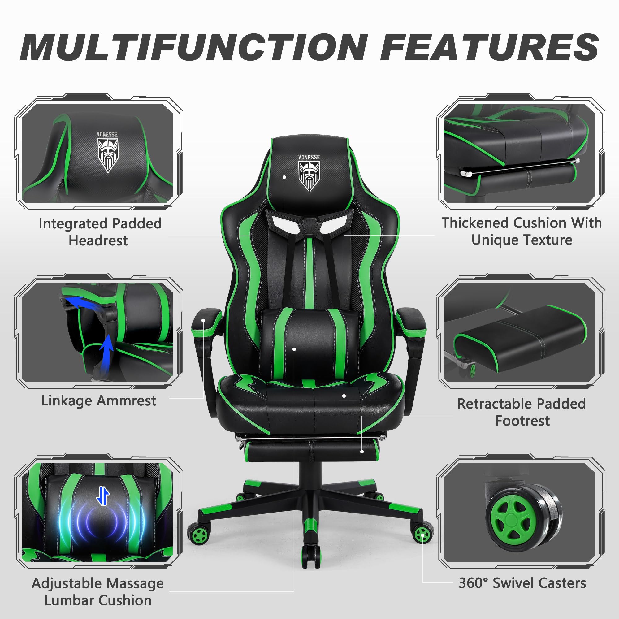 Vonesse Ergonomic Gaming Chair with Adjustable Footrest & Lumbar Massage - Big and Tall Reclining Computer Game Chair for Adults & Teens - High Back Video Gaming Chair for Office & Home (Green/Black) - Perfect for Esports, Streaming & Long Gaming Sessions