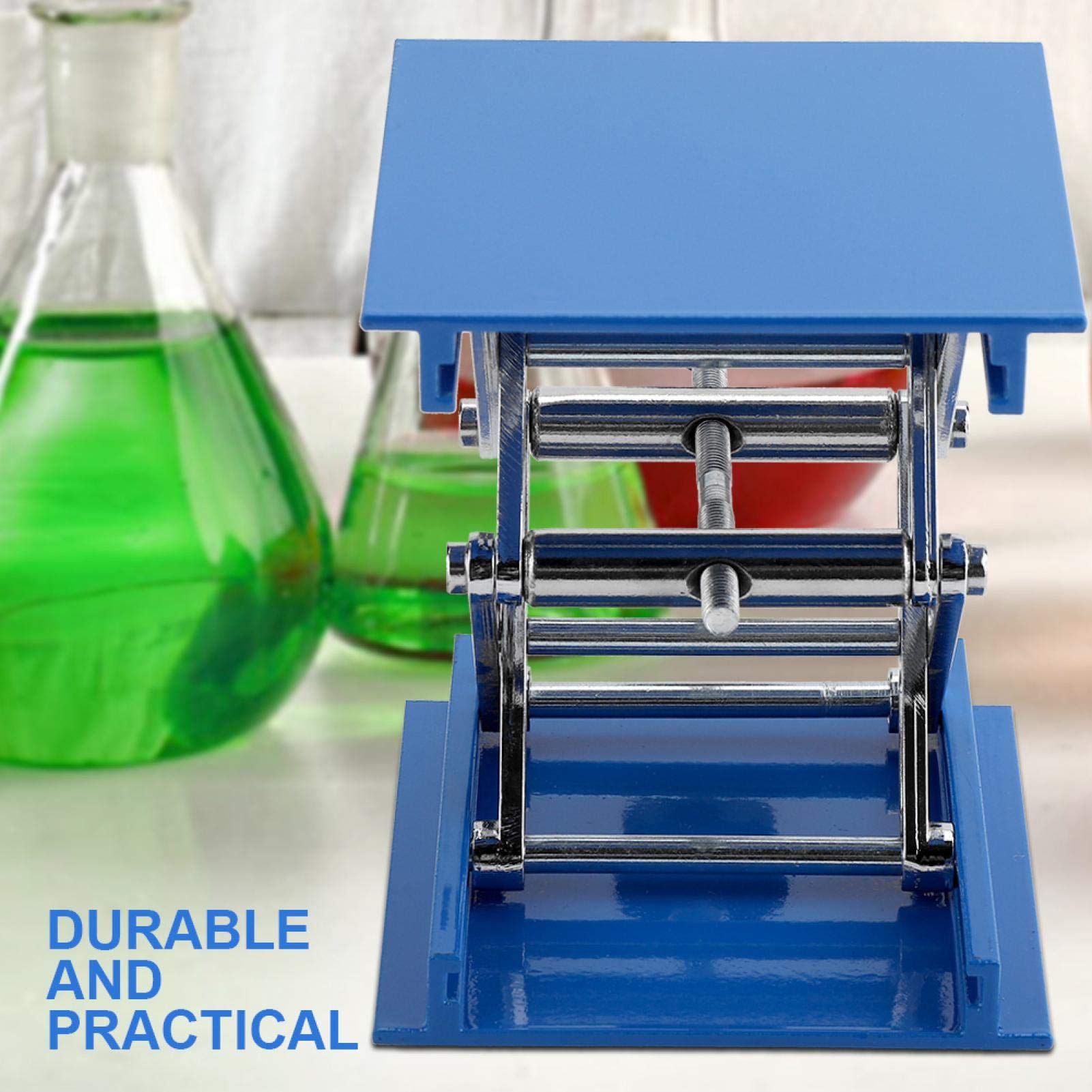 4X4 Scissor Jack Stand - 100x100mm Blue Electroplated Aluminum Lifting Platform for Lab Equipment, Car Repair & DIY Projects - Heavy Duty Scissor Jack Lifter Rack for Workbench, Garage & Industrial Use
