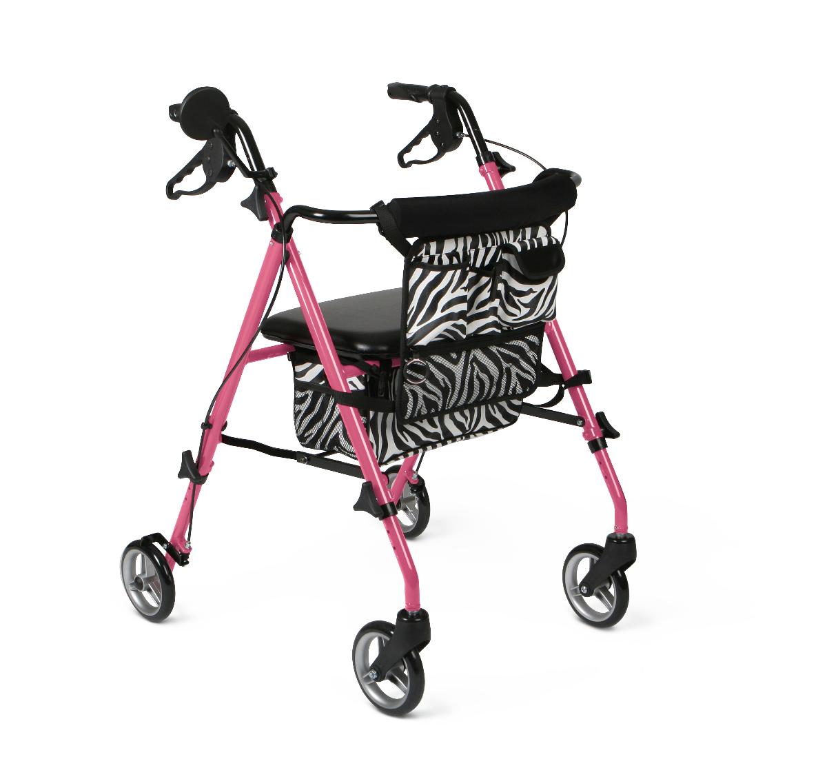 Medline Posh Pink Zebra Rollator Walker with Seat and Wheels - Lightweight Mobility Aid for Seniors & Adults - Perfect for Indoor & Outdoor Use, Shopping, Travel, and Daily Support