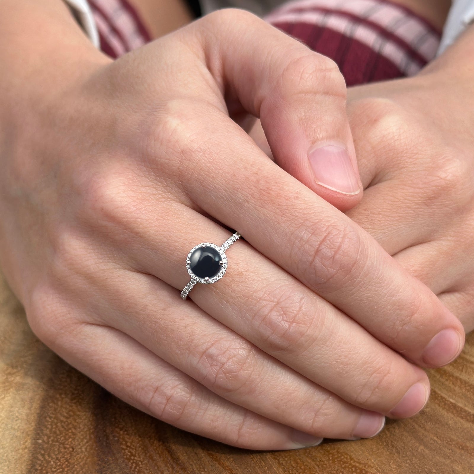 14K Yellow Gold Round Halo Natural Black Onyx Diamond Ring for Women - Elegant Bridal, Anniversary, or Evening Wear Jewelry Gift