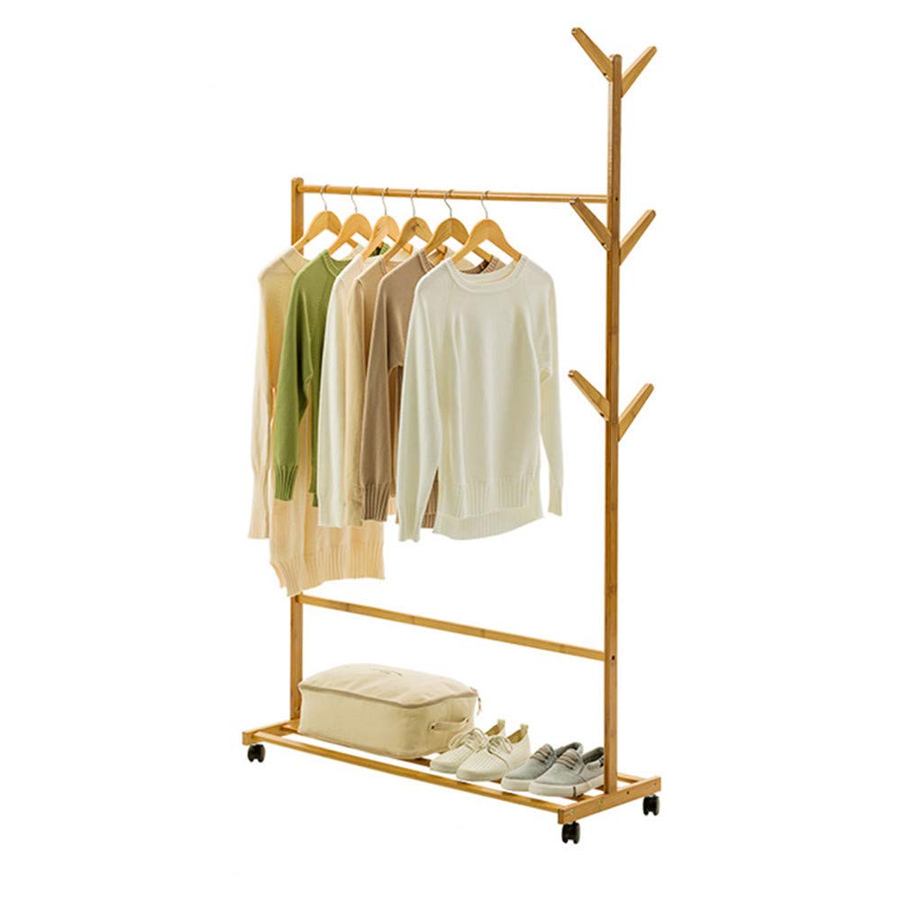 ZJDU Single Rail Bamboo Garment Rack with 8 Side Hooks & 4 Wheels - 70×37×180cm Natural Wood Coat Hanger for Jackets, Clothes, Hats, Scarves, Handbags - Perfect for Bedroom, Closet, Laundry Room Organization