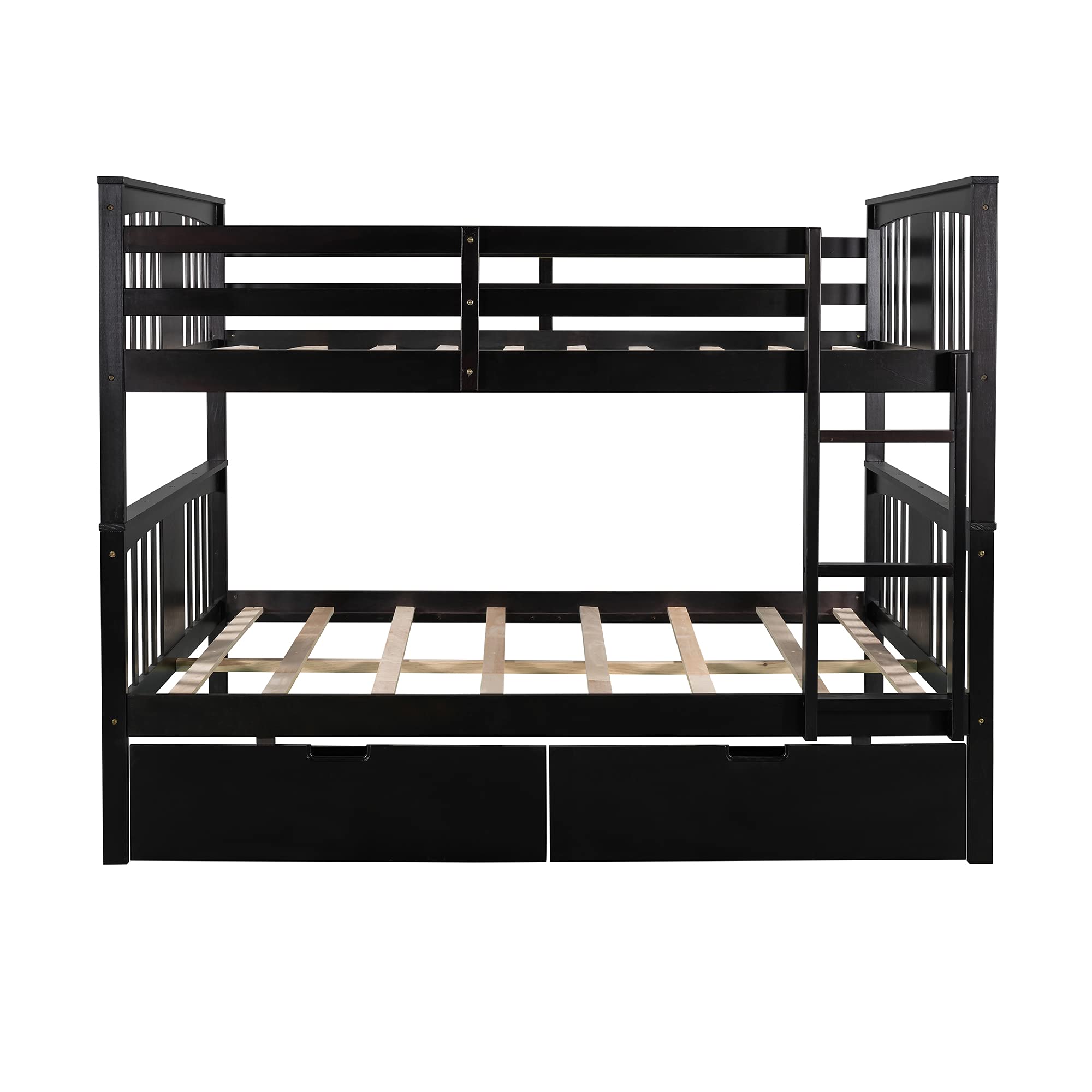 Full Over Full Bunk Bed with Storage Drawers & Safety Rail - Sturdy Wood Bunk Bed for Adults, Kids, Teens - No Box Spring Needed (Espresso Finish) - Perfect for Small Bedrooms, Guest Rooms & Vacation Homes