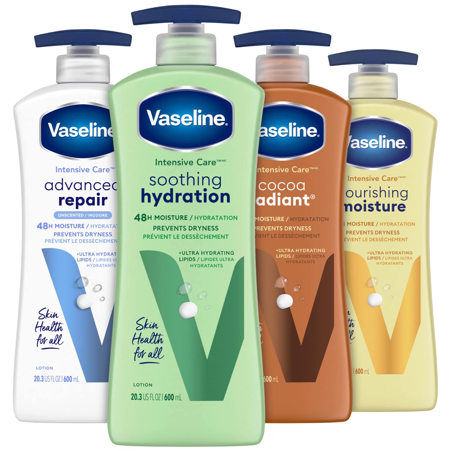 Vaseline Intensive Care Body Lotion for Women & Men - Ultra Hydrating Moisturizer for Dry Skin, Advanced Repair & Essential Healing, Cocoa Radiant Formula, 20.3 Fl Oz (4-Piece Set) - Perfect for Daily Skincare Routine, Post-Shower Hydration & Winter Skin Care