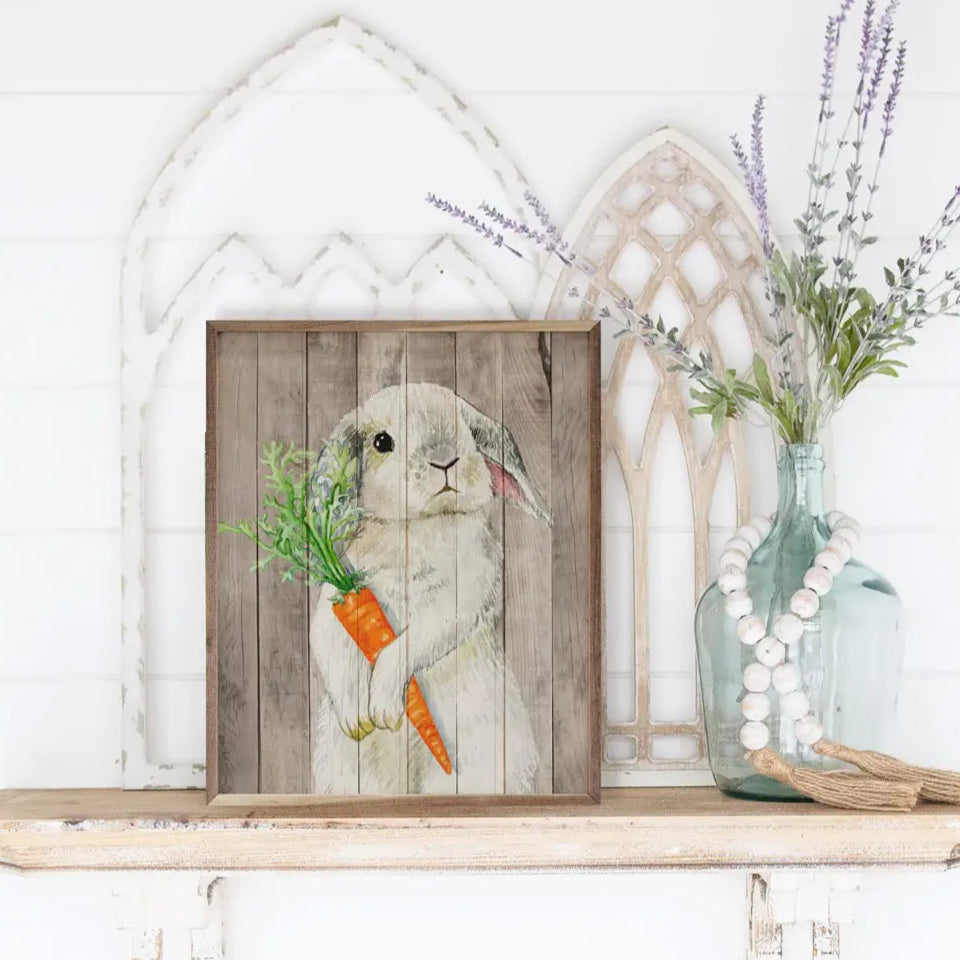 Cute Bunny with Carrot Wood Framed Wall Art Print - Perfect for Nursery, Kids Room Decor & Easter Home Decoration