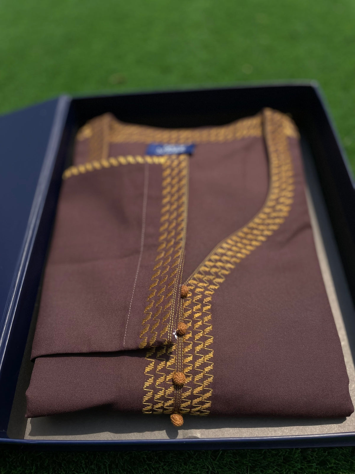 Men's Cinnamon Brown Mustard Embroidery Moroccan 3/4 Sleeve Thobe - Perfect for Eid, Ramadan & Special Occasions