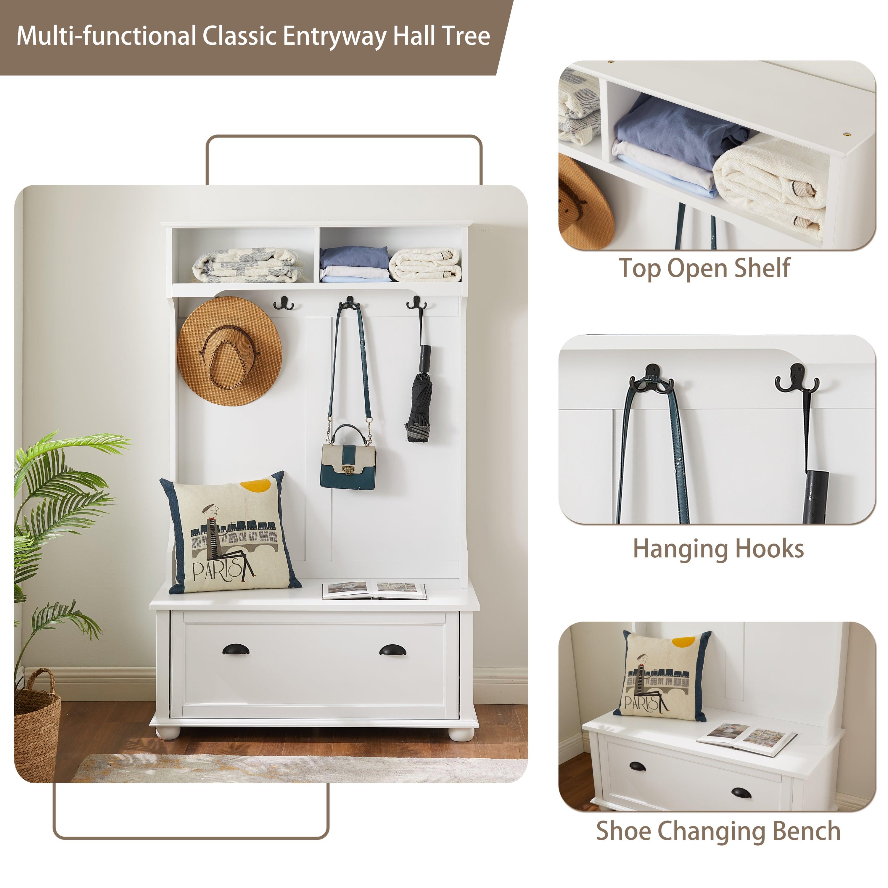 Classic Coastal Style Hall Tree Entryway Bench with Open Shelves & Shoe Storage - Solid Wood Feet, White (40.16