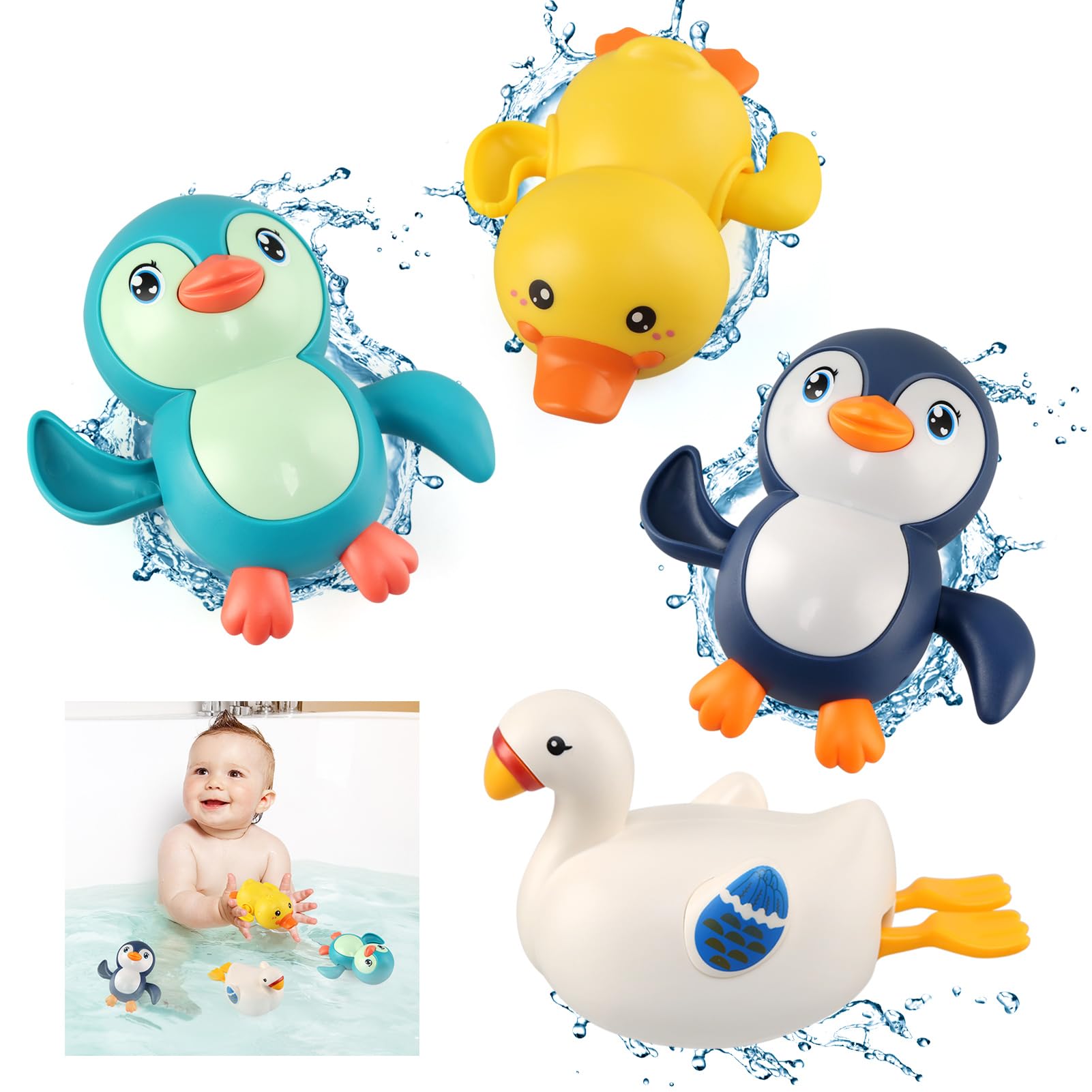 BelleStyle Wind Up Bath Toys for Kids - 4-Piece Floating Duck, Penguin, Swan & Clockwork Water Toys Set | Fun Bathtub, Pool & Swimming Play for Toddlers, Boys & Girls