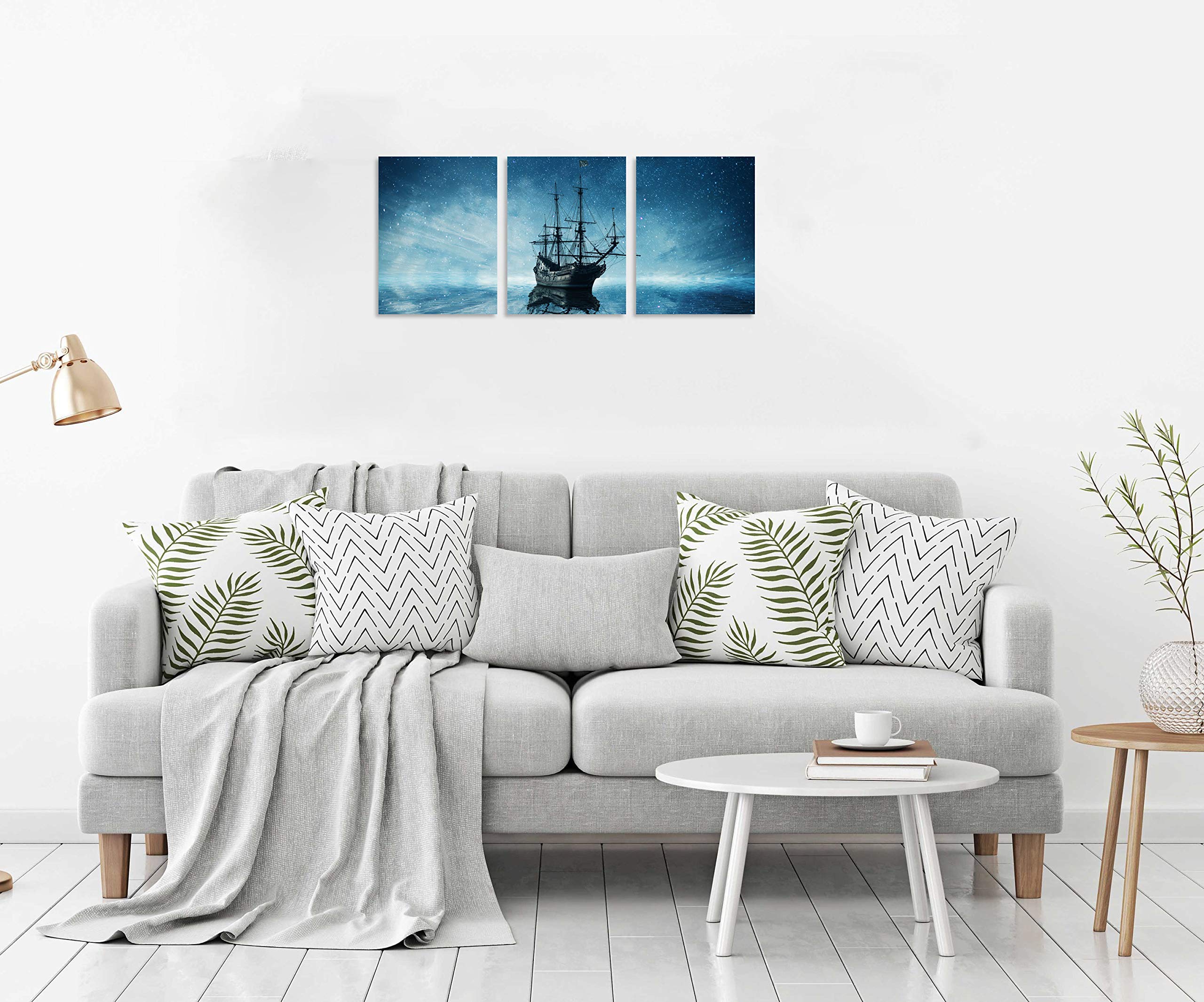 TutuBeer 3 Panel Pirate Ship Wall Art - Starry Night Sky Sailboat Painting on Canvas, Framed Pirate Decor for Living Room, Bedroom & Home - Perfect for Nautical Theme Rooms, Beach Houses & Pirate Lover Gifts