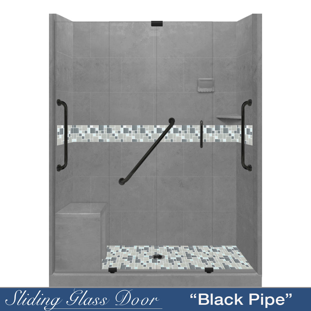 Freedom 60 Alcove Wet Cement Sistine Stone & Newport Mosaic Accent Tile - DIY Shower Remodel Kit for Bathroom Renovation | Waterproof Backsplash & Shower Wall Tile Installation