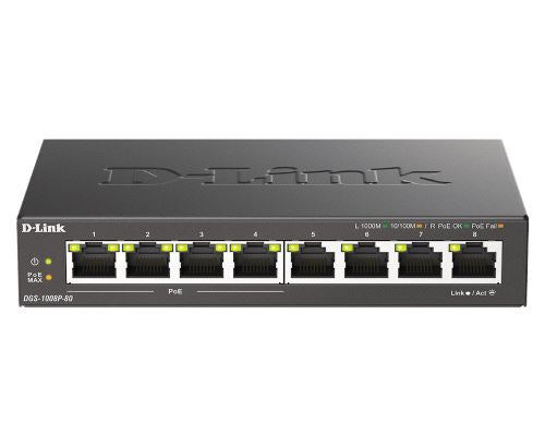 D-Link DGS-1008P 8-Port Gigabit Ethernet Desktop Switch with 4 PoE+ Ports (802.3af/at) - Ideal for Home Office, Small Business Network & IP Camera Setup