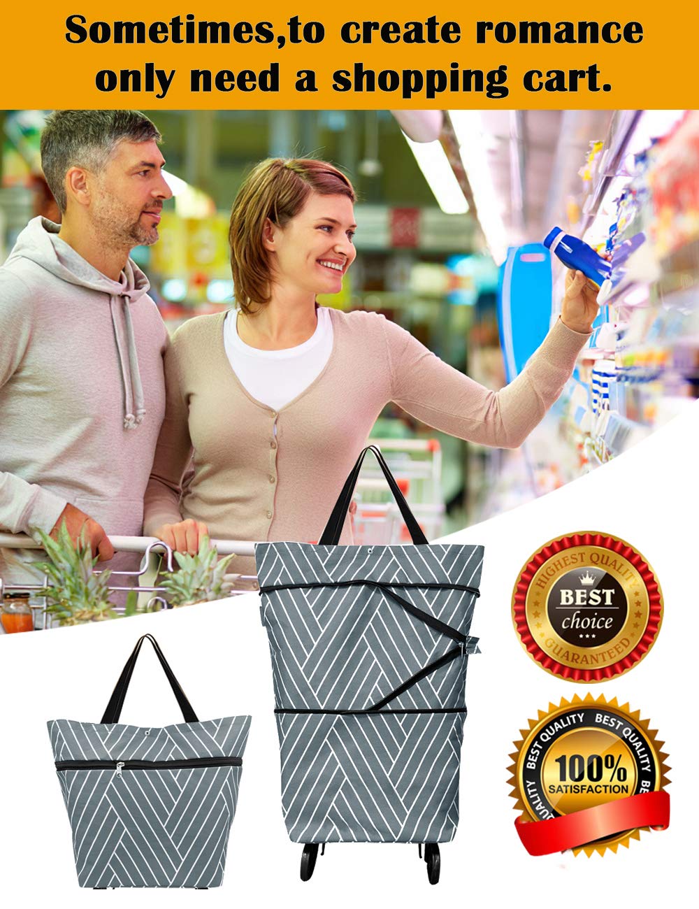 Foldable Reusable Grocery Bags with Wheels - Waterproof & Durable Shopping Tote for Supermarket, Farmers Market & Travel (Grey)