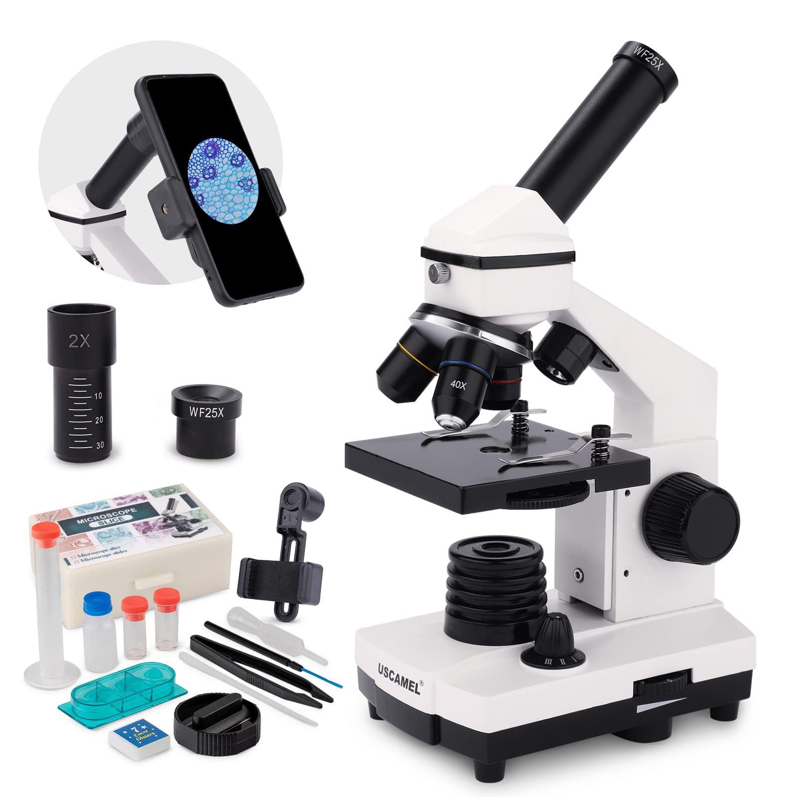 USCAMEL 40X-2000X Professional Compound Microscope for Adults, Students & Kids - Biological Microscope with Slides Set & Phone Adapter - Perfect for School Labs, Home Education & STEM Learning Activities