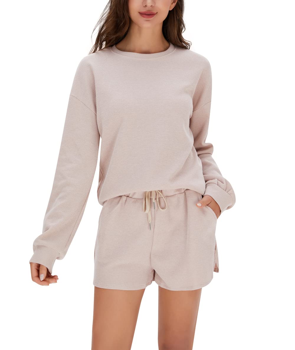 Kervaky Women's 2 Piece Waffle Knit Lounge Set - Soft Summer Pajama Outfit with Top & Shorts for Home Relaxation, Sleepwear and Casual Wear