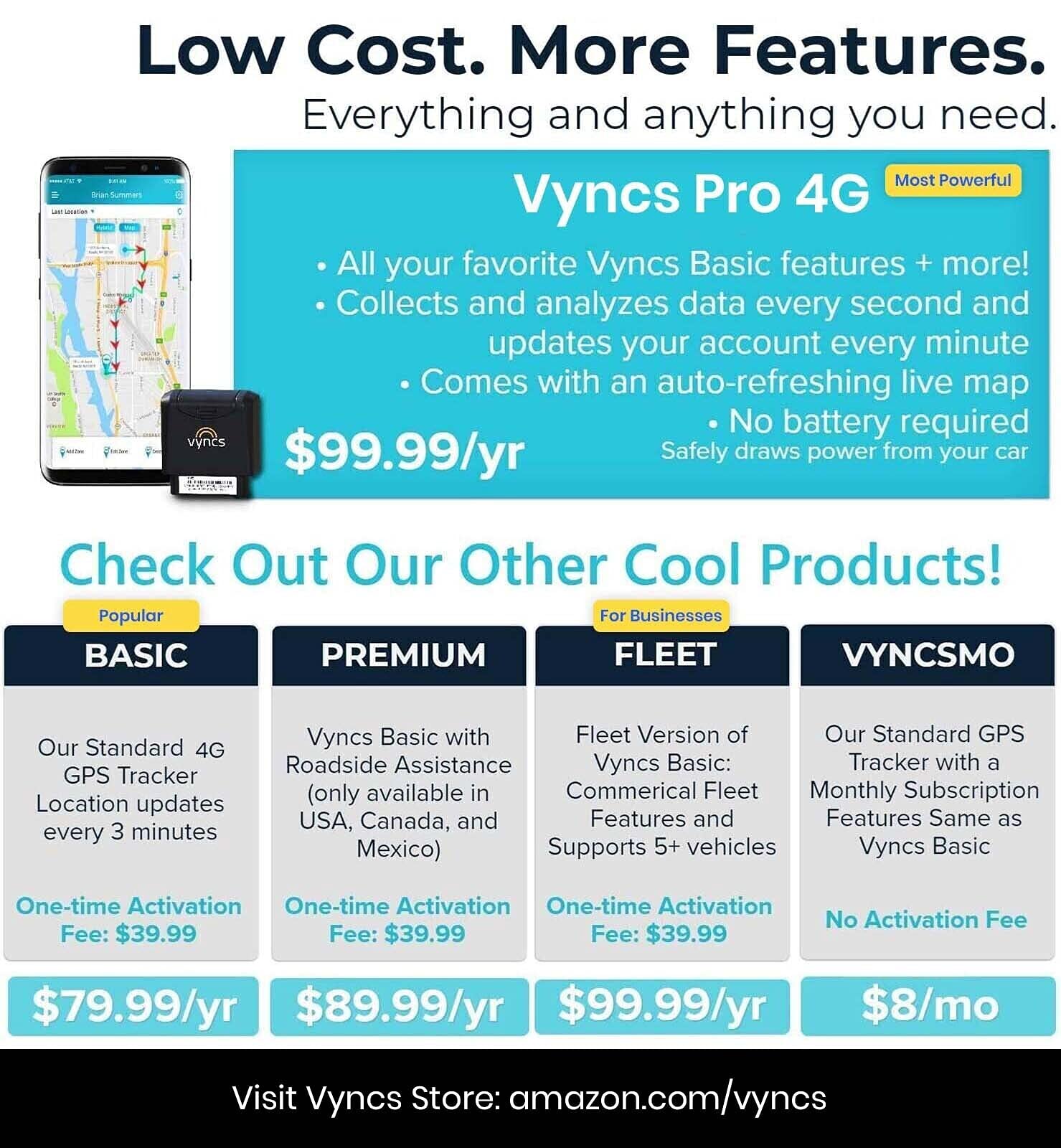 VYNCS Pro 4G LTE OBD Car GPS Tracker - No Monthly Fee | Real-Time Vehicle Tracking, Teen Driver Monitoring, Car Health Diagnostics, Fuel Efficiency & Emission Reports | Ideal for Fleet Management, Parental Control & Used Car Dealers (Model: VPOBDGPS3)