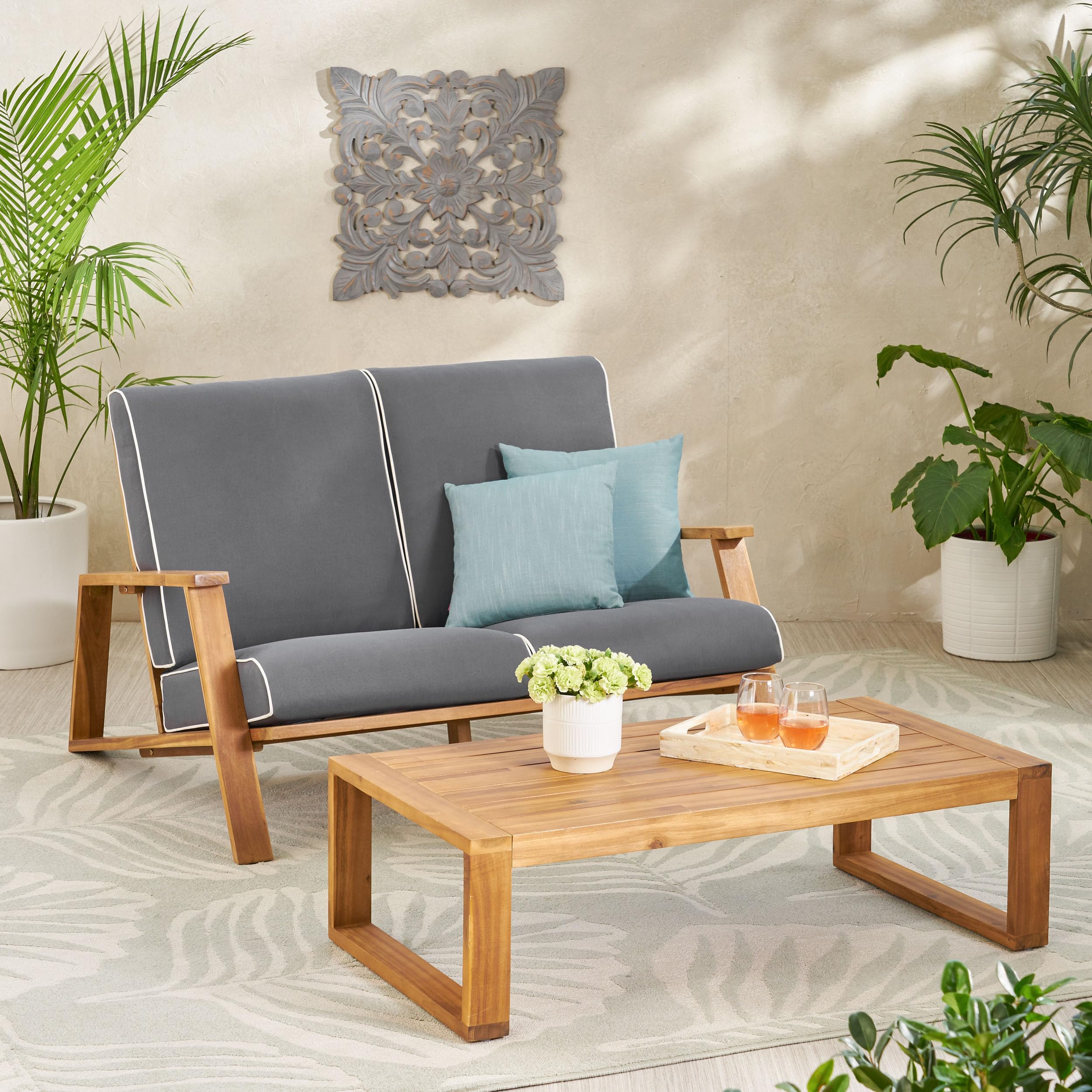 Christopher Knight Home Eartha Outdoor Loveseat Set with Coffee Table - Teak Finish Dark Gray Patio Furniture for Garden, Poolside & Backyard Relaxation