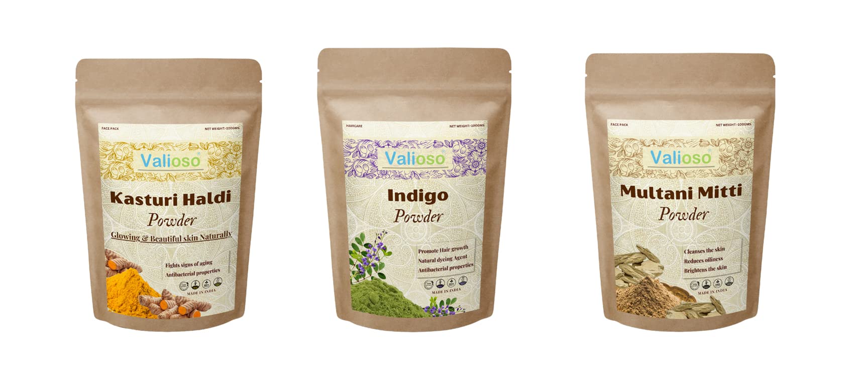 Premium Wild Turmeric Powder (Kasthuri Manjal) for Skin Brightening + Indigo Powder for Natural Hair Dye + Multani Mitti Clay for Face & Hair Care - 100g x 3 Pack | DIY Beauty, Ayurvedic Remedies, Organic Skincare Routine