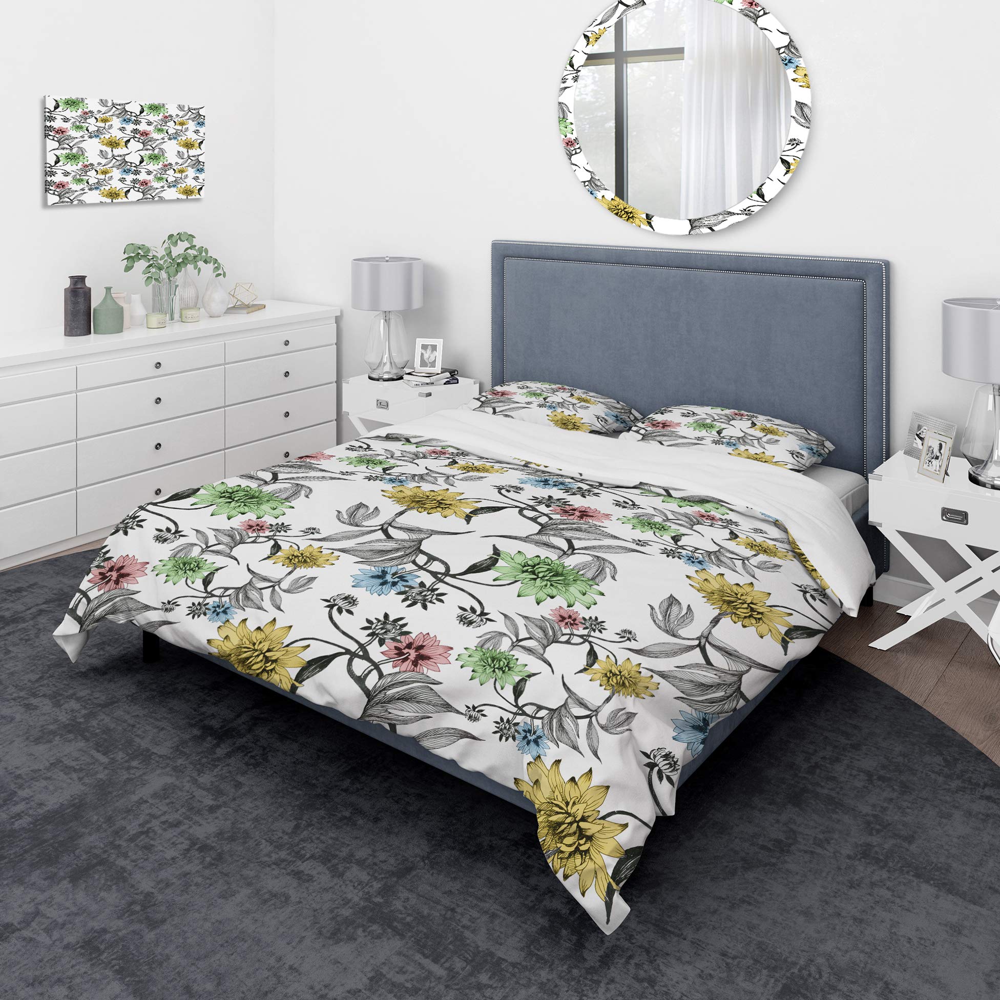 DesignQ Hand-Painted Summer Floral Nautical Coastal Duvet Cover Set - Queen Size White Bedding (3-Piece) | All-Season Beach-Themed Bedroom Decor for Coastal Homes & Vacation Rentals