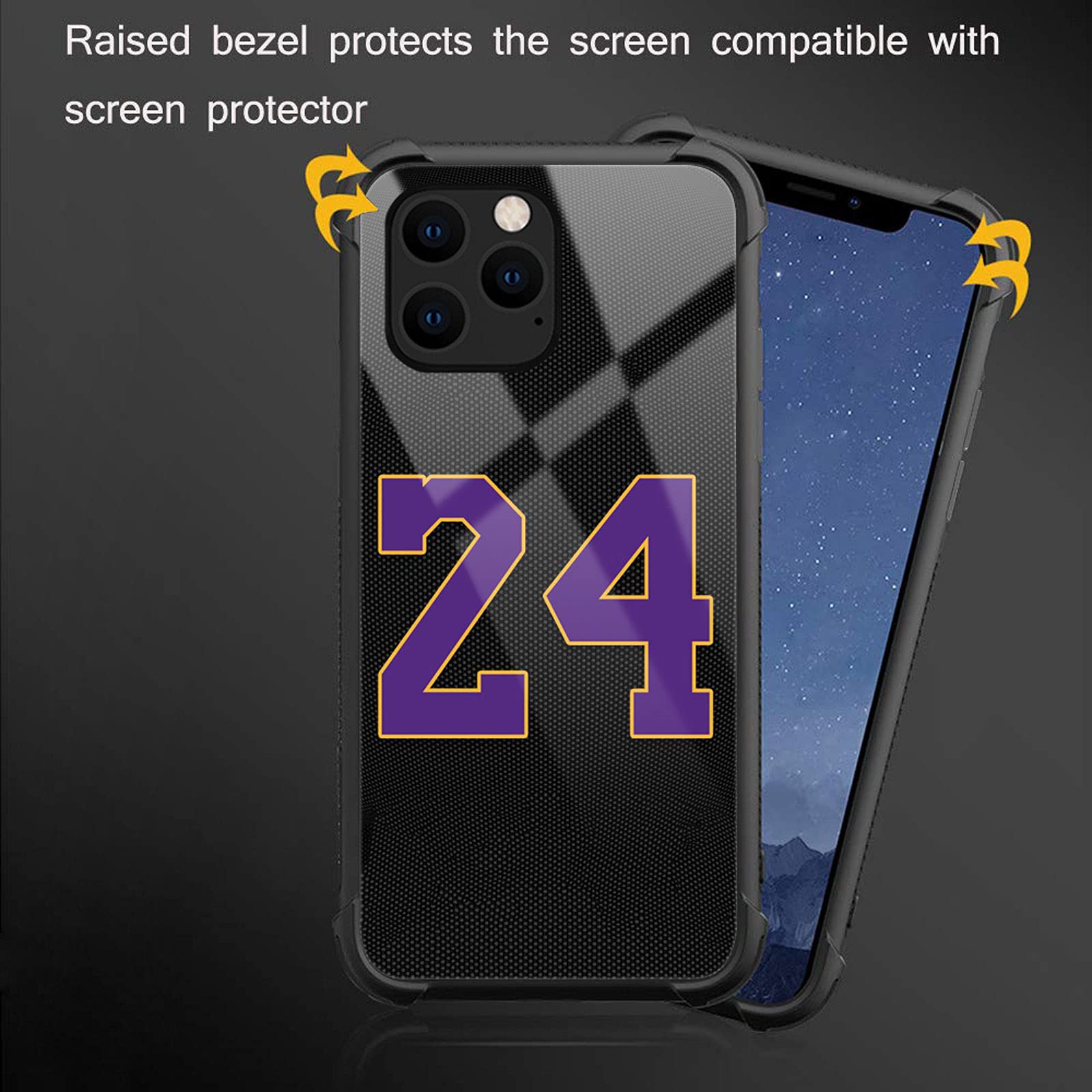 Shockproof Anti-Scratch Hard PC Back Case for iPhone 13 Mini - Black 24 Jersey Purple Yellow Amazing Pattern Design | Durable Protection for Everyday Use, Travel & Outdoor Activities