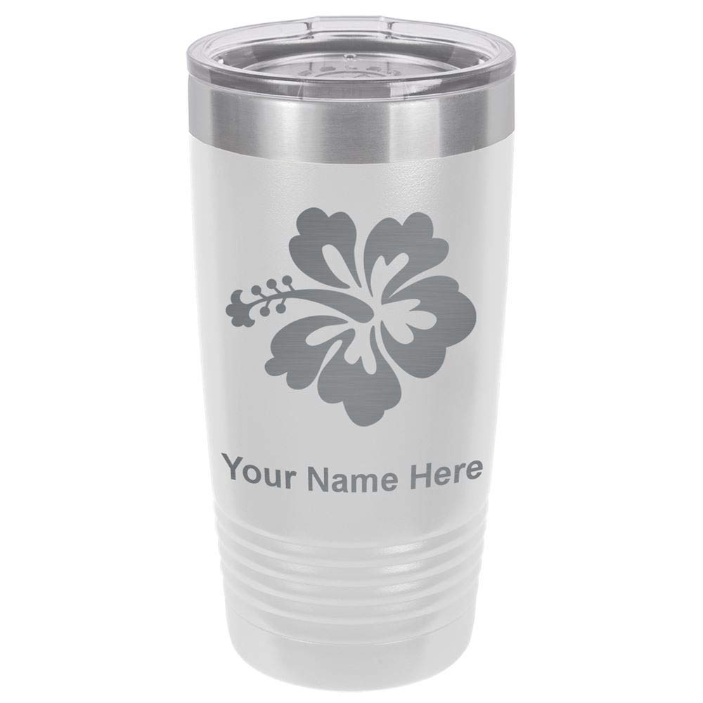 20oz Insulated Tumbler Mug with Hibiscus Floral Design - Personalized Engraving Included (White) - Perfect for Coffee, Tea & Cold Drinks at Home, Office or Travel