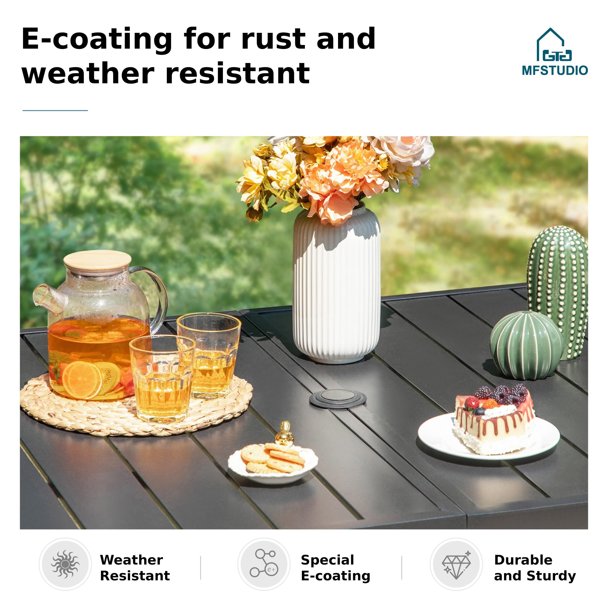 MFSTUDIO 6-Person Outdoor Patio Dining Table - Weatherproof Rectangle Metal Table with Adjustable Umbrella Hole - Perfect for Backyard, Garden, Poolside & BBQ Gatherings - Black