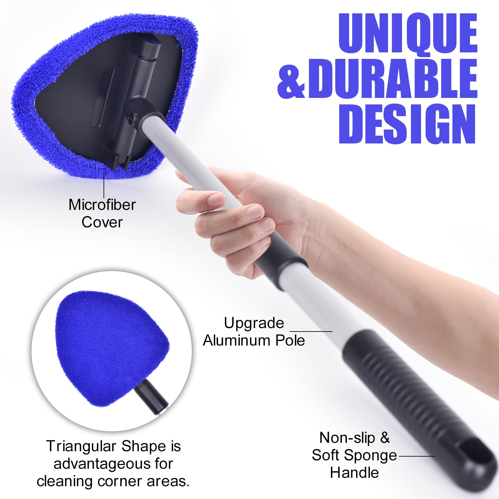 Premium Windshield Cleaner for Cars - Extendable Handle with 3 Washable Microfiber Pads | Effective Car Window Cleaning Tool for Streak-Free Shine | Perfect for Home, Office & Road Trip Use