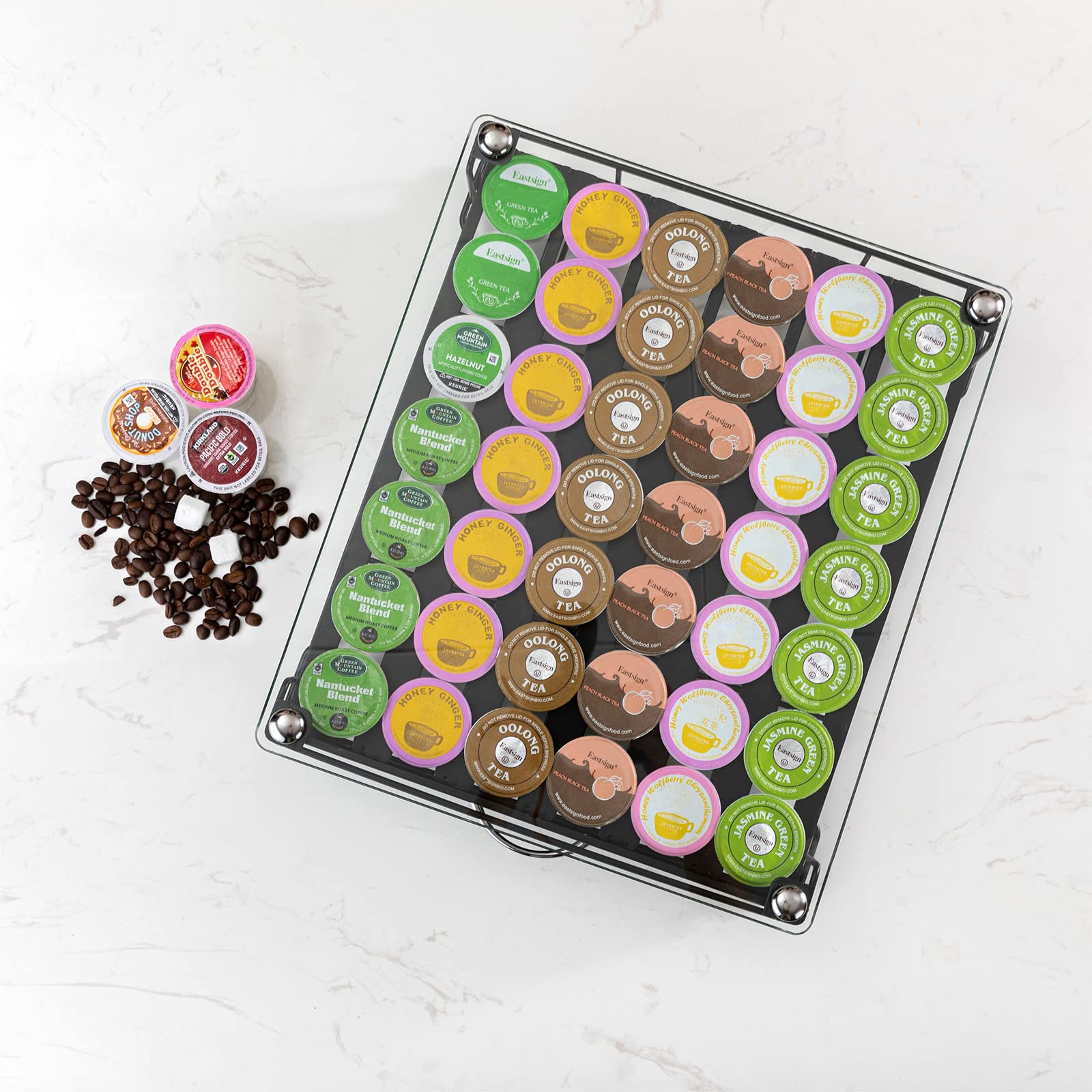 ZCDCP K Cup Holder Drawer Storage Organizer - Crystal Tempered Glass Top - Holds 42 K-Cups - Perfect for Keurig Coffee Pods - Office & Kitchen Counter Organization - Ideal for Coffee Stations, Break Rooms & Home Kitchens