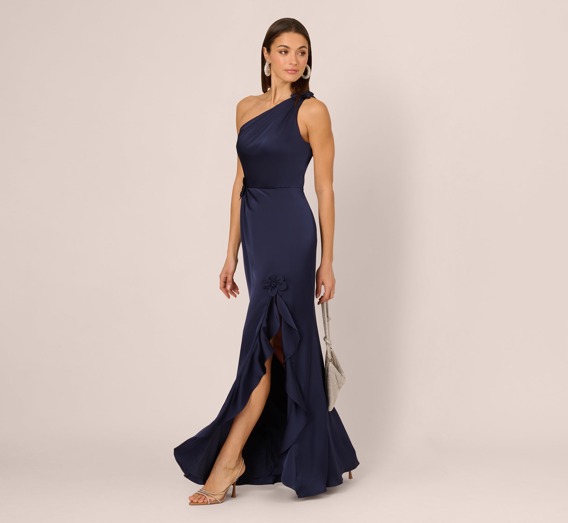 Elegant One Shoulder Satin Floral Applique Evening Gown in Dark Navy - Perfect for Prom, Cocktail Parties & Formal Events