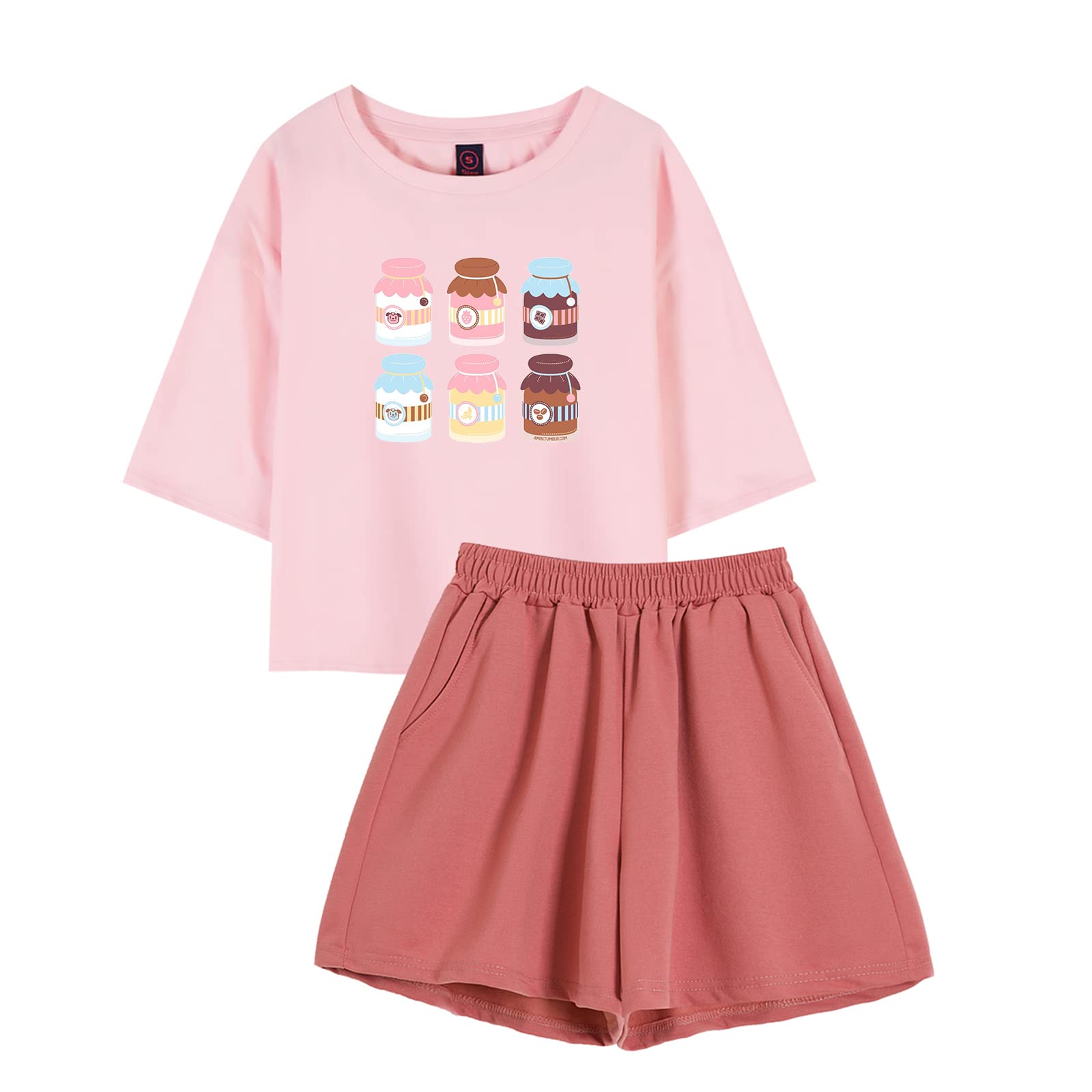 MEJOTAUS Women's Strawberry Milk Print Sleepwear Set - Soft Cotton Crop Tee & Shorts Pajamas for Women | Cute Pink Loungewear for Sleep, Lounge & Relaxation at Home