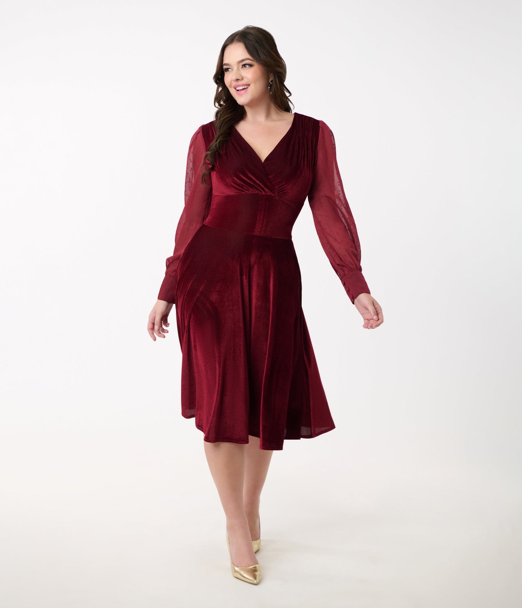 Vintage 1950s Berry Red Velvet Swing Dress with Sheer Sleeves - Retro Pinup Style for Parties, Weddings & Special Occasions