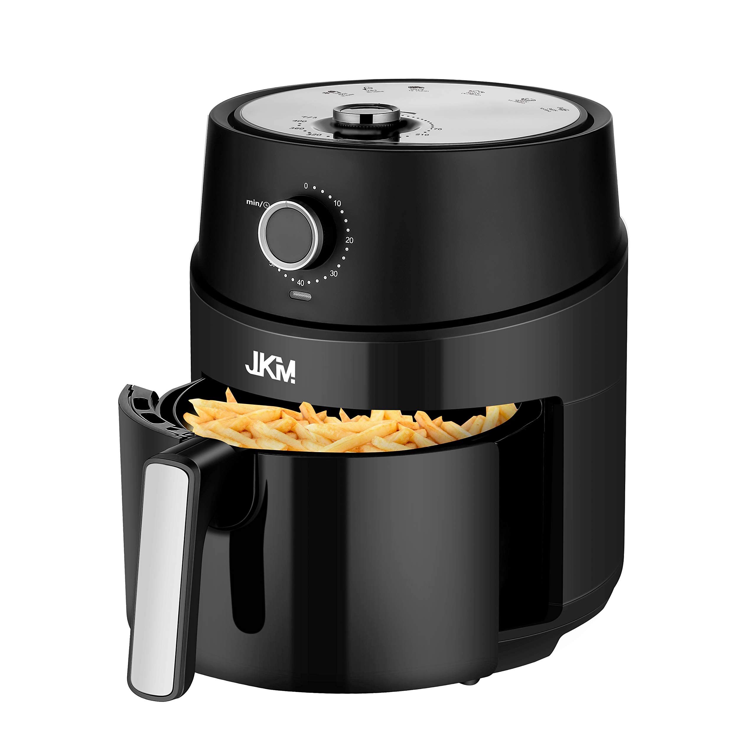 JKM 4.7 Quart Air Fryer - 1500W Mechanical Air Fryer Oven with Adjustable Temperature & Timer, Oil-Free Cooking, Auto Shut Off, Black - Perfect for Healthy Frying, Baking, Roasting for Family Meals & Parties
