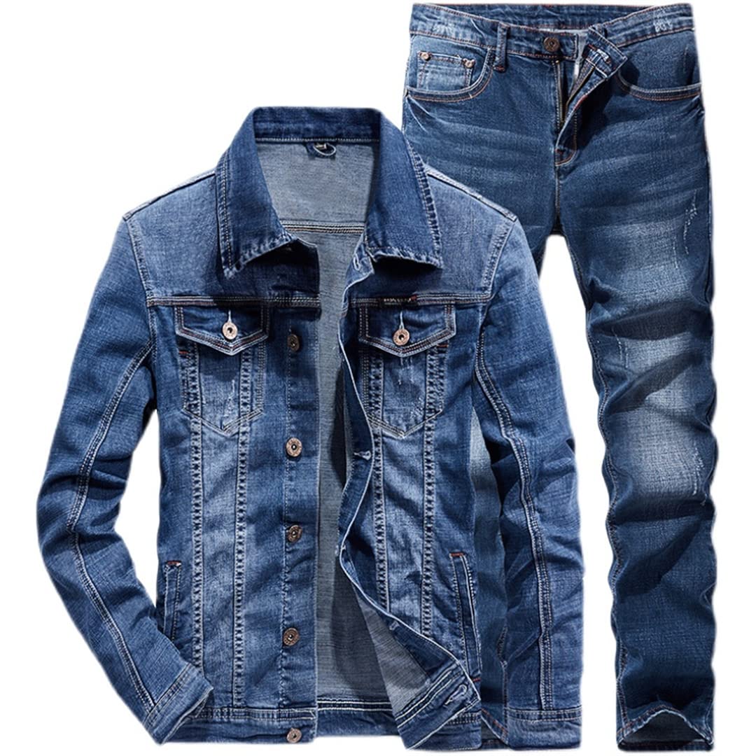 Men's Slim Fit Blue Denim Suit Set - Two Piece Outfit for Spring & Autumn | Casual Office Wear & Date Night Attire