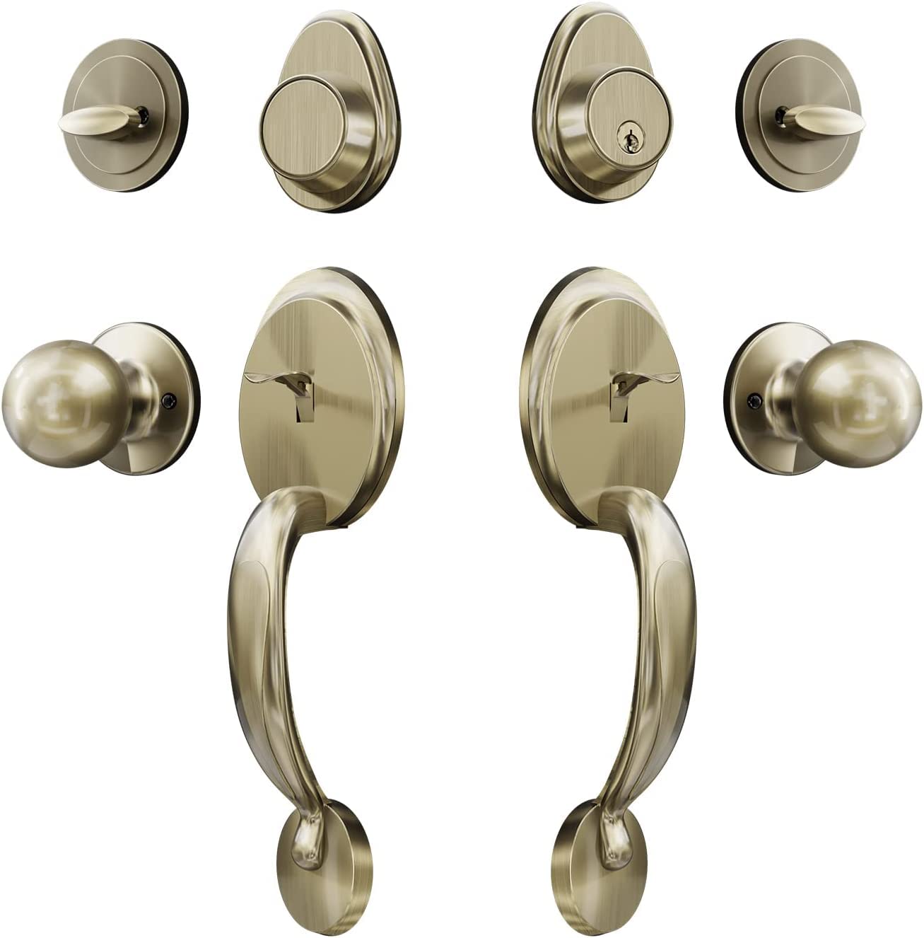 NeuType Antique Brass Door Lock Set with Deadbolt - Double Door Handle & Dummy Front Door Handleset for Bedroom, Front Door Security - Perfect for Home, Office & Apartment Use