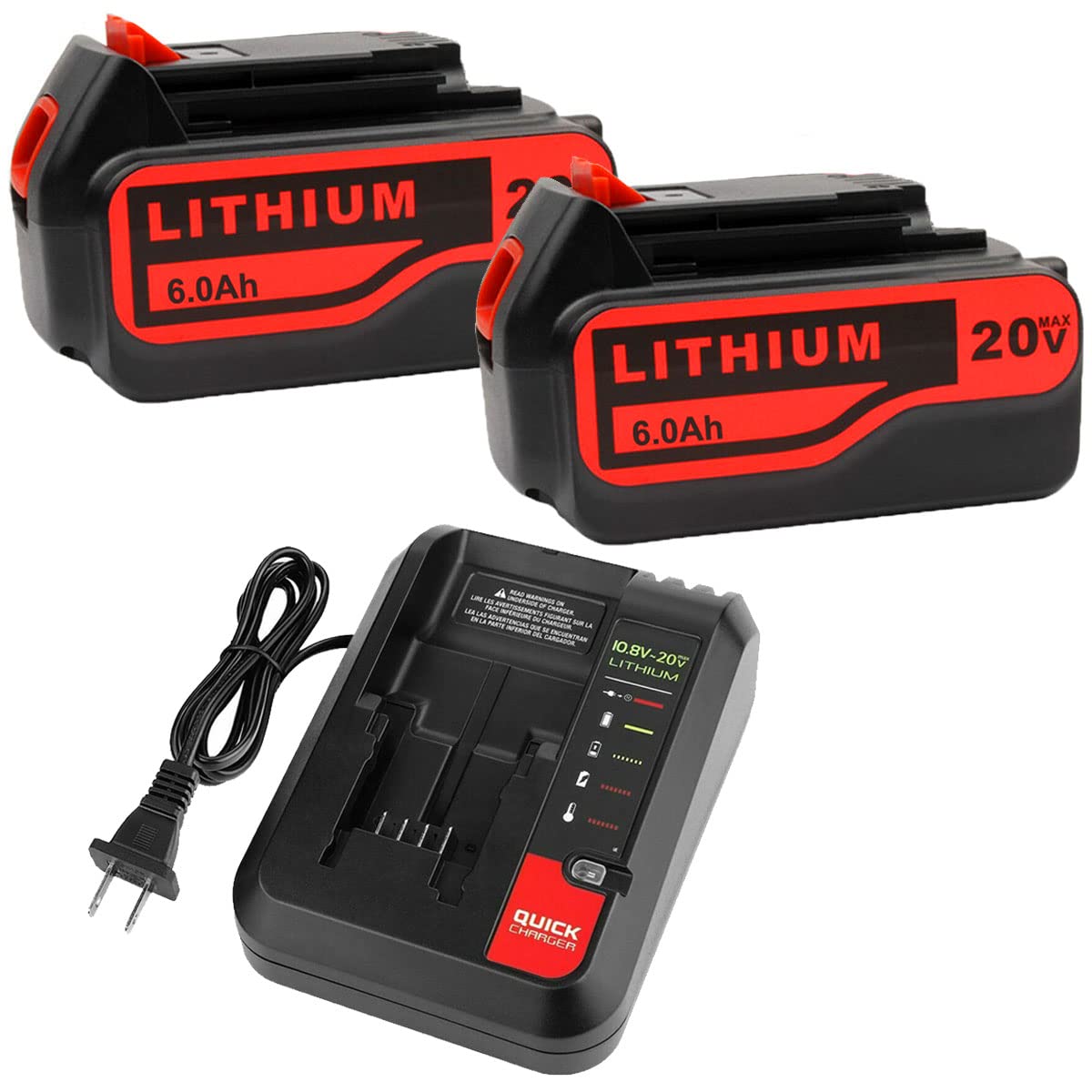 2 Pack 6000mAh LB2X4020 20V Li-ion Battery & PCC692L 20V MAX Charger - Compatible with Black+Decker 20V LBXR20 LB20 LBX20 LBXR2020 LBX4020 LB2X4020-OPE LBXR20-OPE - Power Tools Replacement Battery for Drills, Saws, Vacuums & Outdoor Equipment