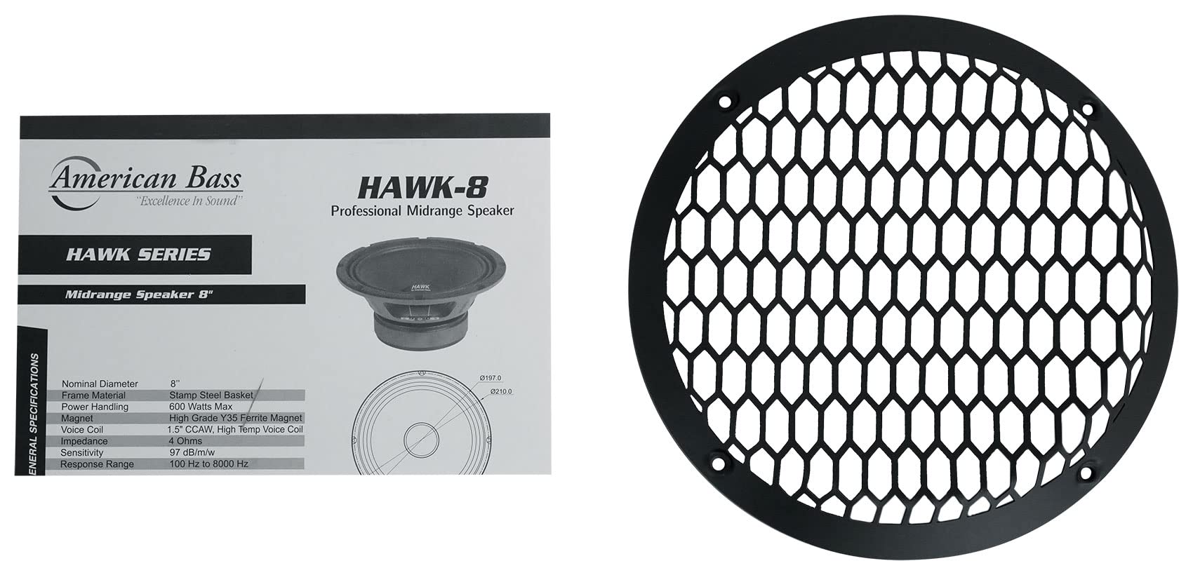 American Bass Hawk-8 600W 8-Inch Midrange Midbass Car Speakers with Grills (Pair, 4 Ohm) - Premium Sound for Cars, Trucks & SUVs - Perfect for Upgrading Your Vehicle Audio System