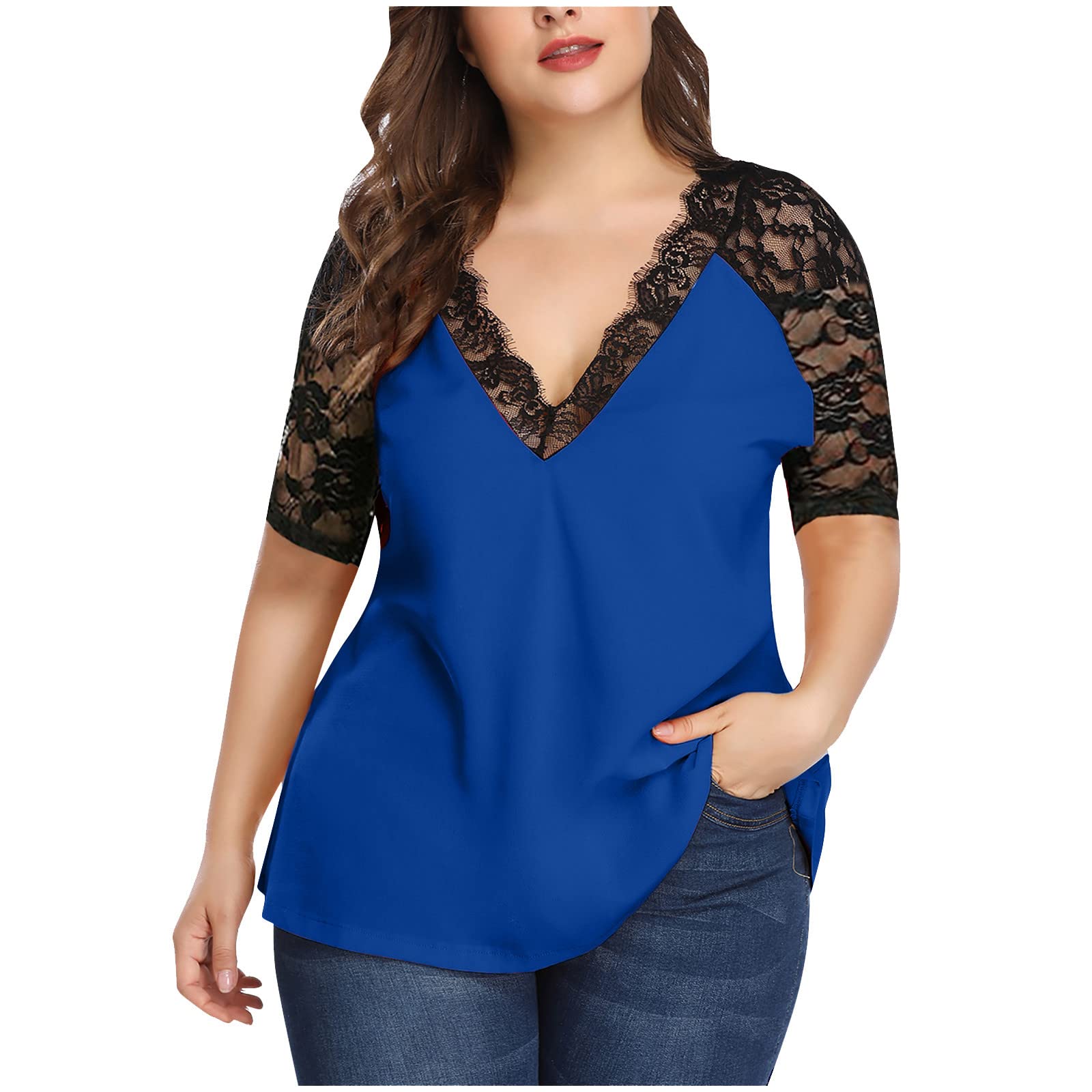 FAVIPT Plus Size Lace Blouse - V Neck Short Sleeve Top for Women | Casual & Dressy Wear