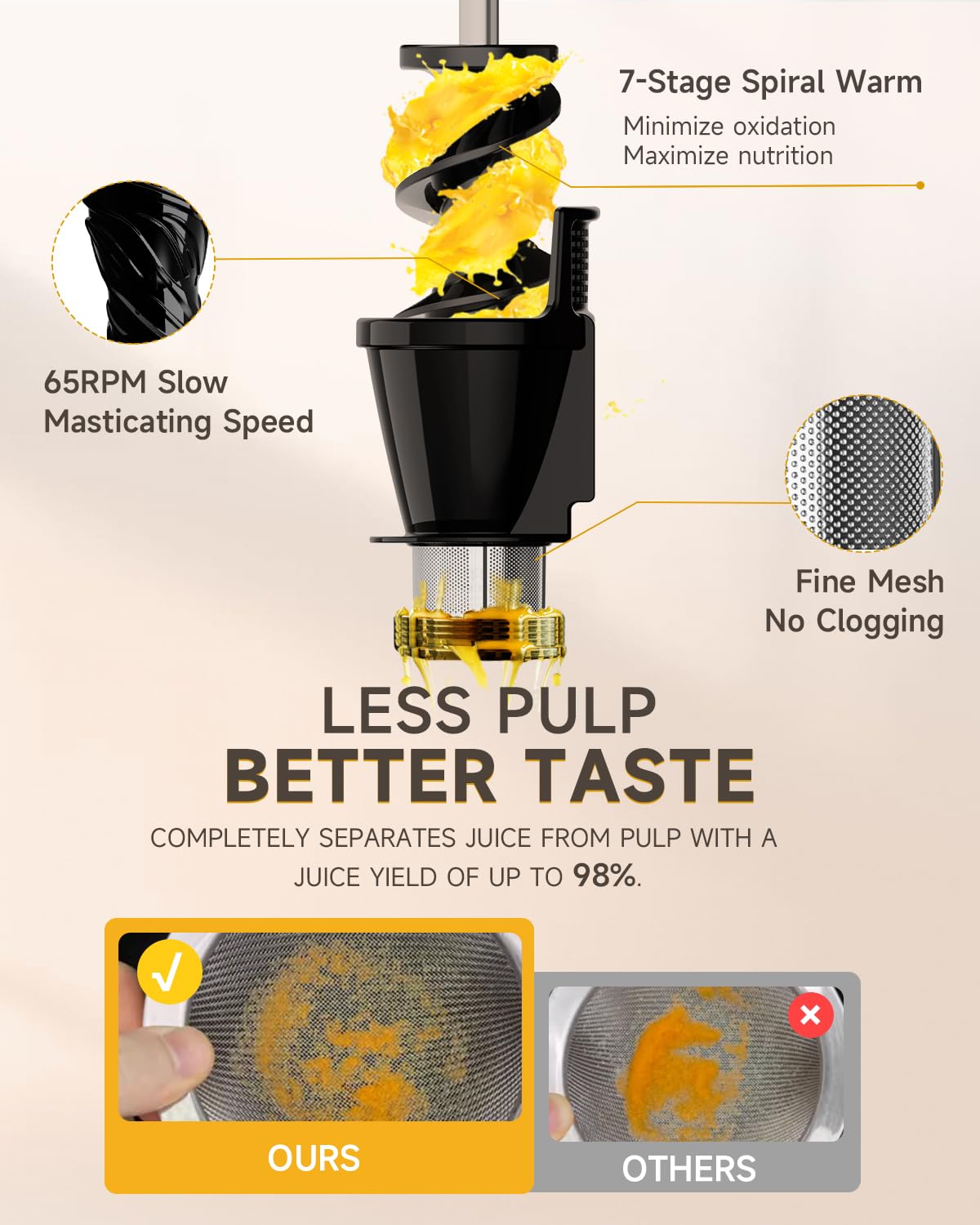 Premium Cold Press Slow Juicer for Carrot, Celery & Ginger - 250W Masticating Juicer Machine for Fruits & Vegetables - Electric Juice Extractor with Reverse Function, Easy to Clean & Quiet Operation - BPA-Free - Perfect for Healthy Juicing, Detox & Morning Routines
