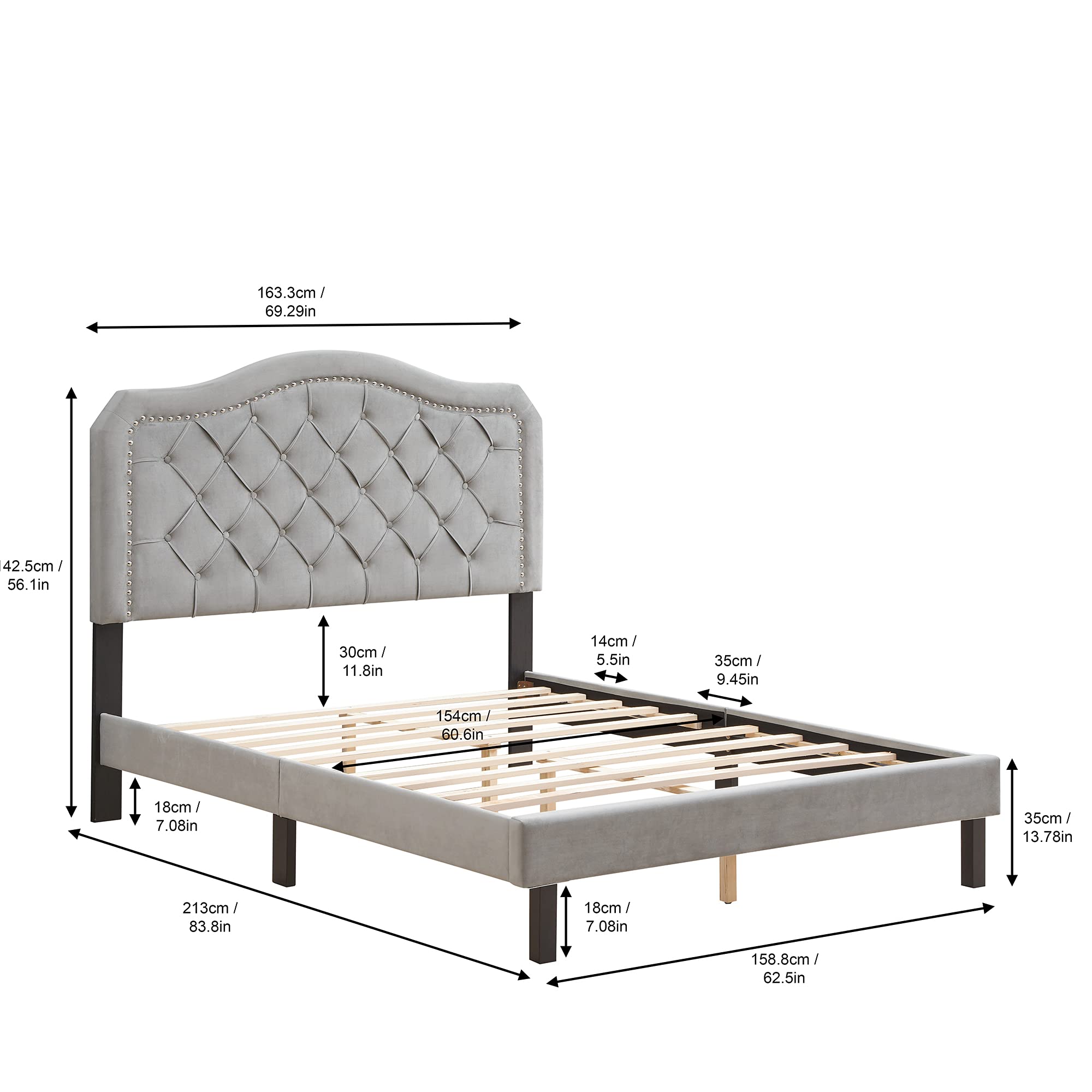 LZ LEISURE ZONE Queen Size Upholstered Bed Frame with Button Tufted Headboard - Strong Wood Slat Support, No Box Spring Needed - Easy Assembly Gray Velvet Bed - Perfect for Master Bedroom, Guest Room & Apartment Furniture