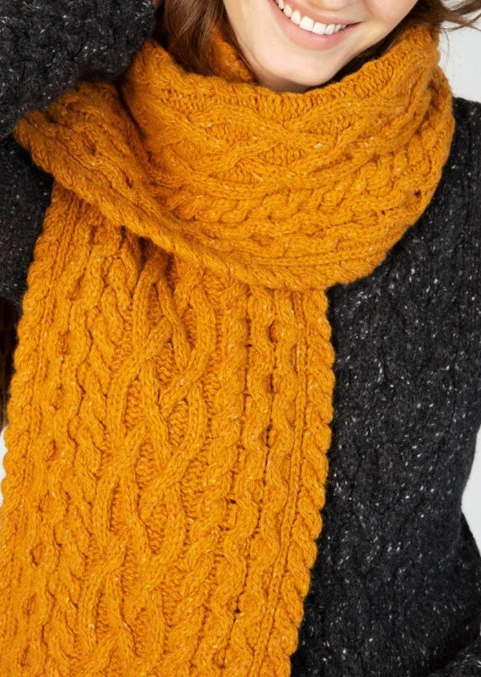 Ireland's Eye Aran Luxe Scarf - Premium Wool Knit Wrap in Mustard Yellow | Warm Winter Accessory for Women, Perfect for Cold Weather, Outdoor Activities & Fashion Styling