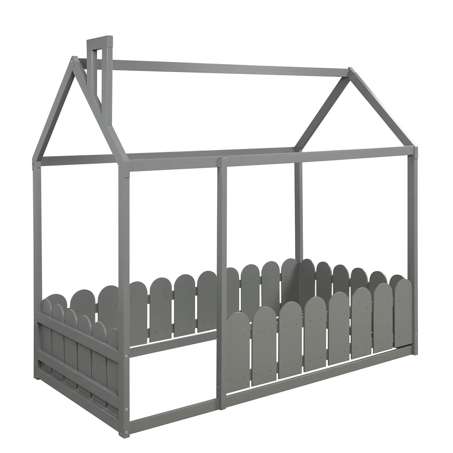 RUNNA Twin Size Wooden House Bed Frame with Roof & Fence - Kids Play Tent Bed, Cabin Style Floor Bed for Nursery & Children's Room - Perfect for Imaginative Play, Sleepovers & Cozy Bedtime (Gray)
