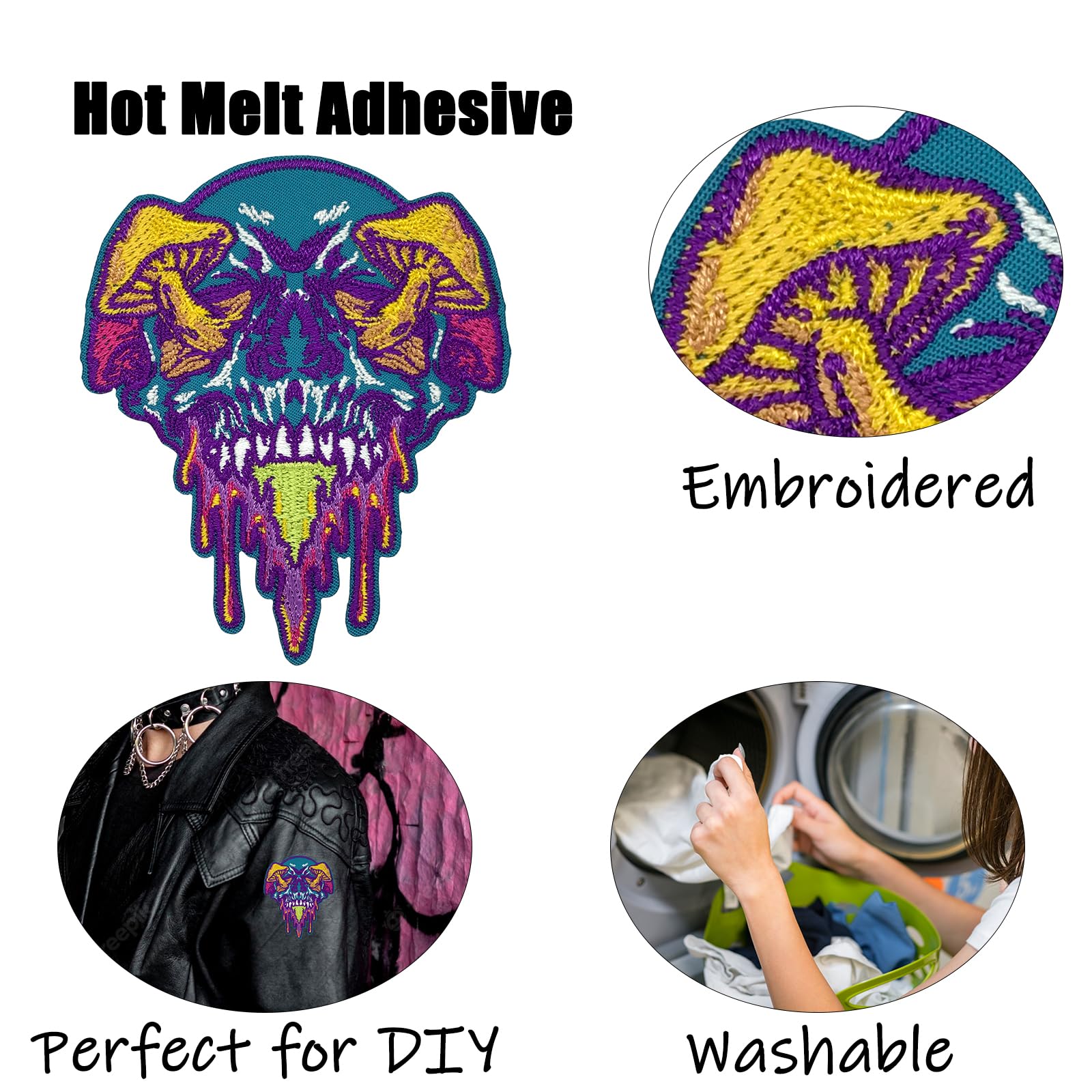 Skull Mushroom Iron On Patch - Punk Funny Embroidered Badge for DIY Clothes & Accessories | Sew On Applique Repair for Jeans, Jackets, Backpacks, Hats & Vests | Perfect for Punk Fashion, DIY Upcycling & Costume Design