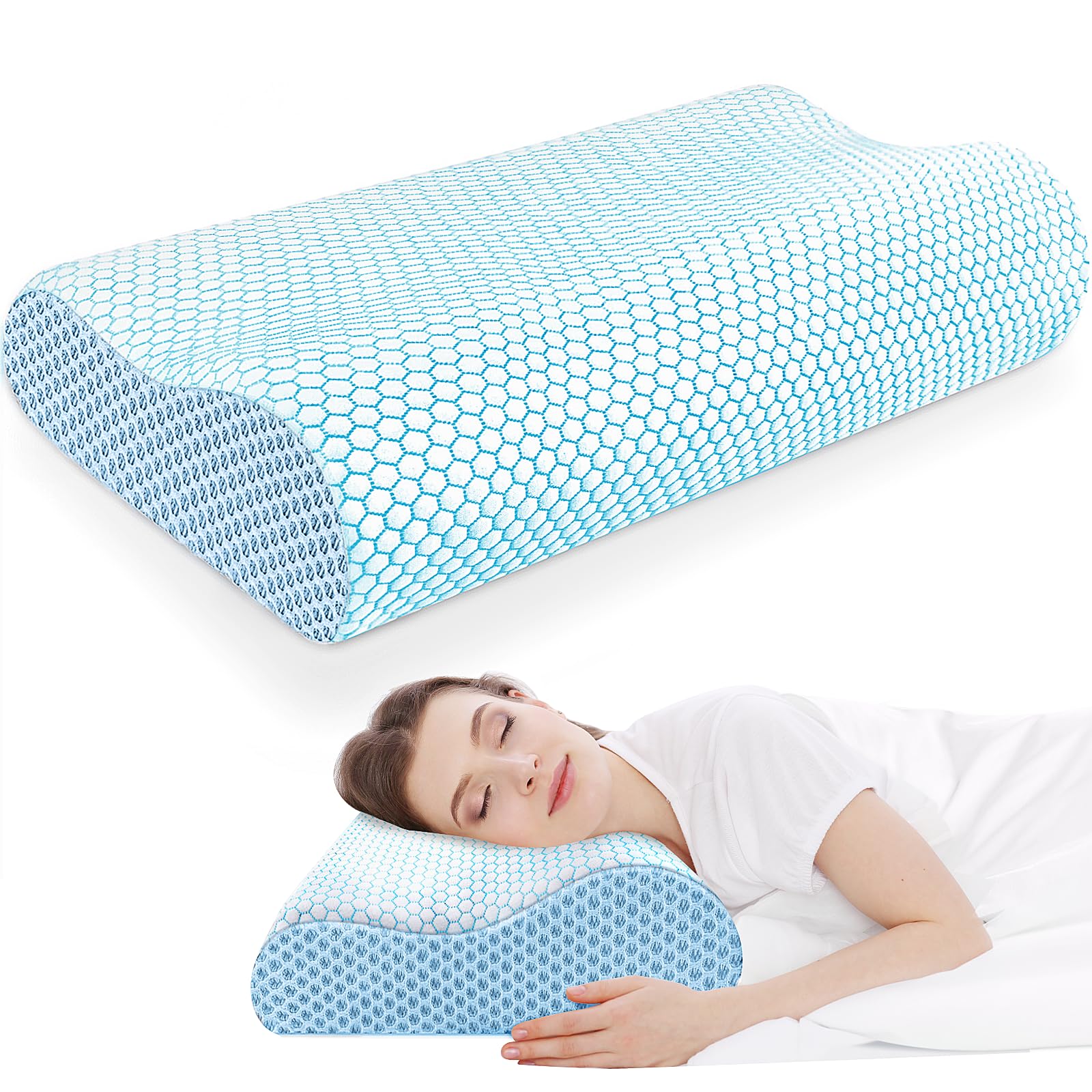 CloudBliss Memory Foam Neck Pillow for Sleeping - Ergonomic Cervical Support Pillow for Neck Pain Relief, Contoured Design for Side Back & Stomach Sleepers - Perfect for Travel, Office & Home Use (Blue, Standard Size)