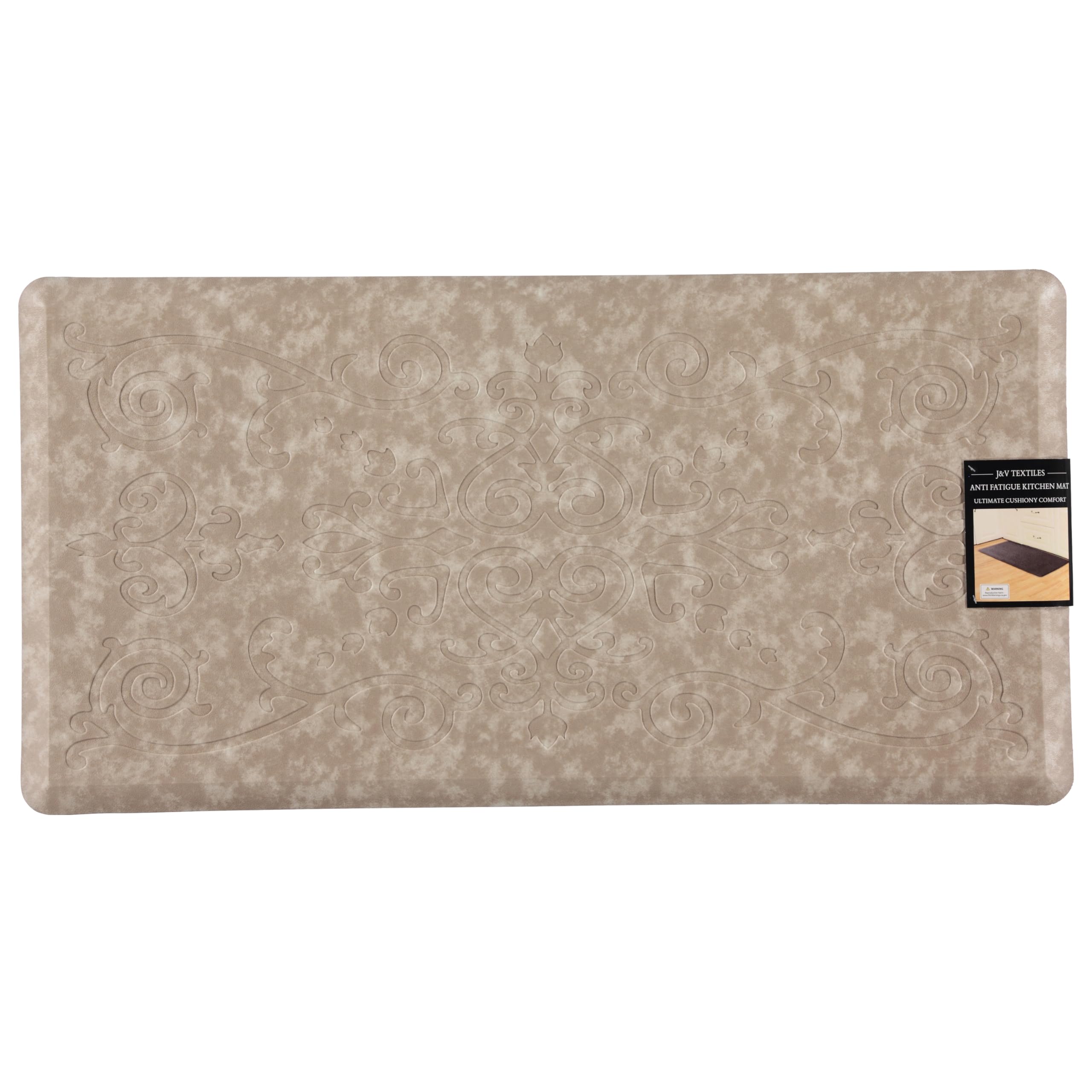 J&V TEXTILES Medallion Embossed Kitchen Mat - Cushioned Anti-Fatigue Floor Mat with Non-Slip Backing, Waterproof Standing Mat for Kitchen, Office Desk, Sink & Laundry Room (Beige, 20